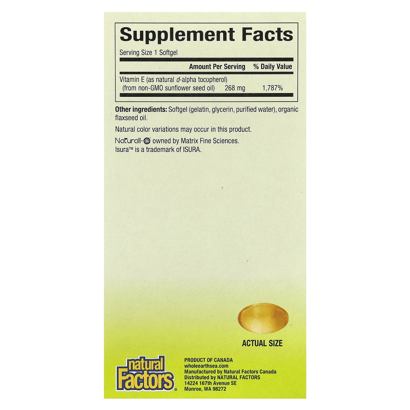 2 X Natural Factors, Whole Earth & Sea�, Pure Food, Sunflower Vitamin E, 268 mg