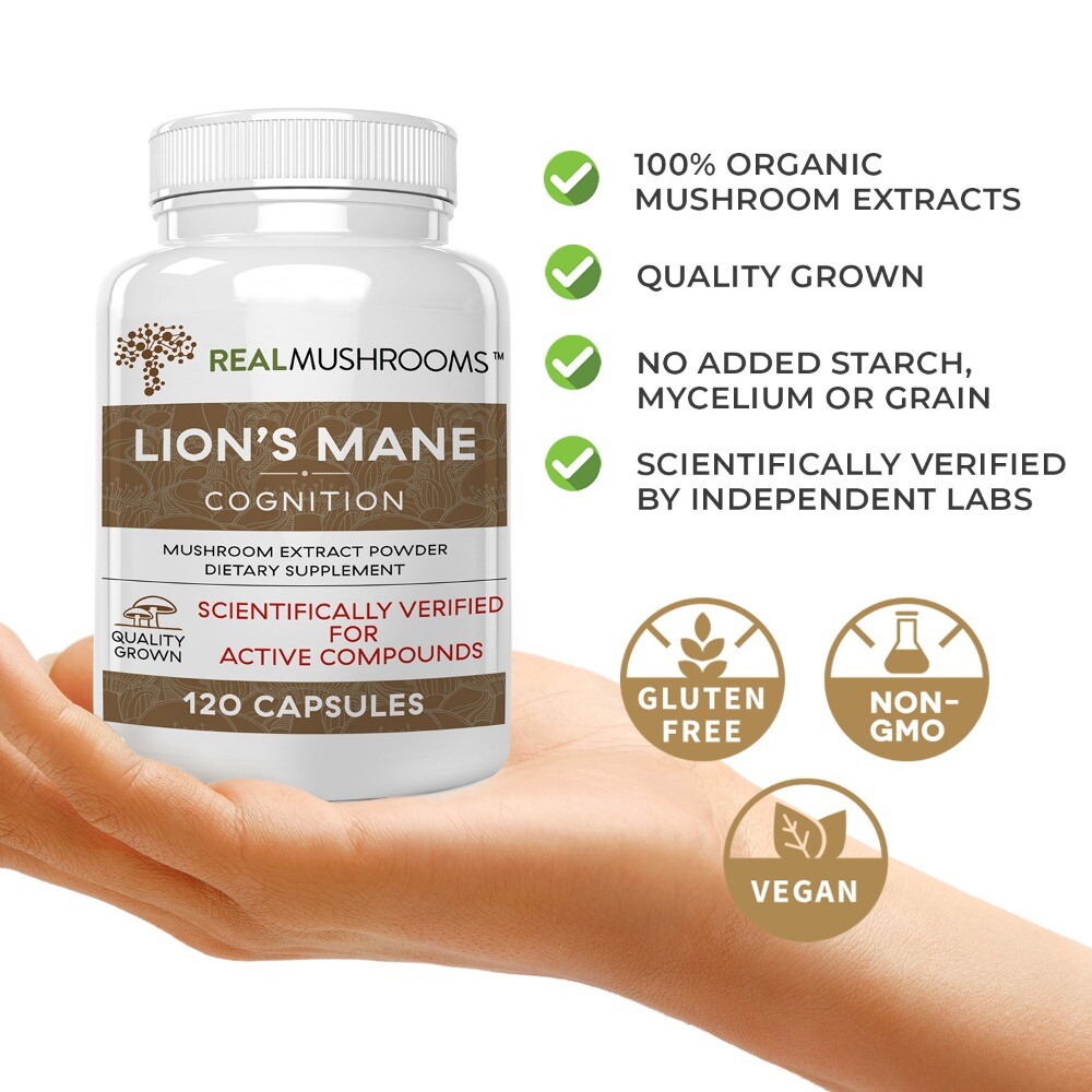 Real Mushrooms pure Lions Mane Mushroo 120 Capsules for Overall Wellness
