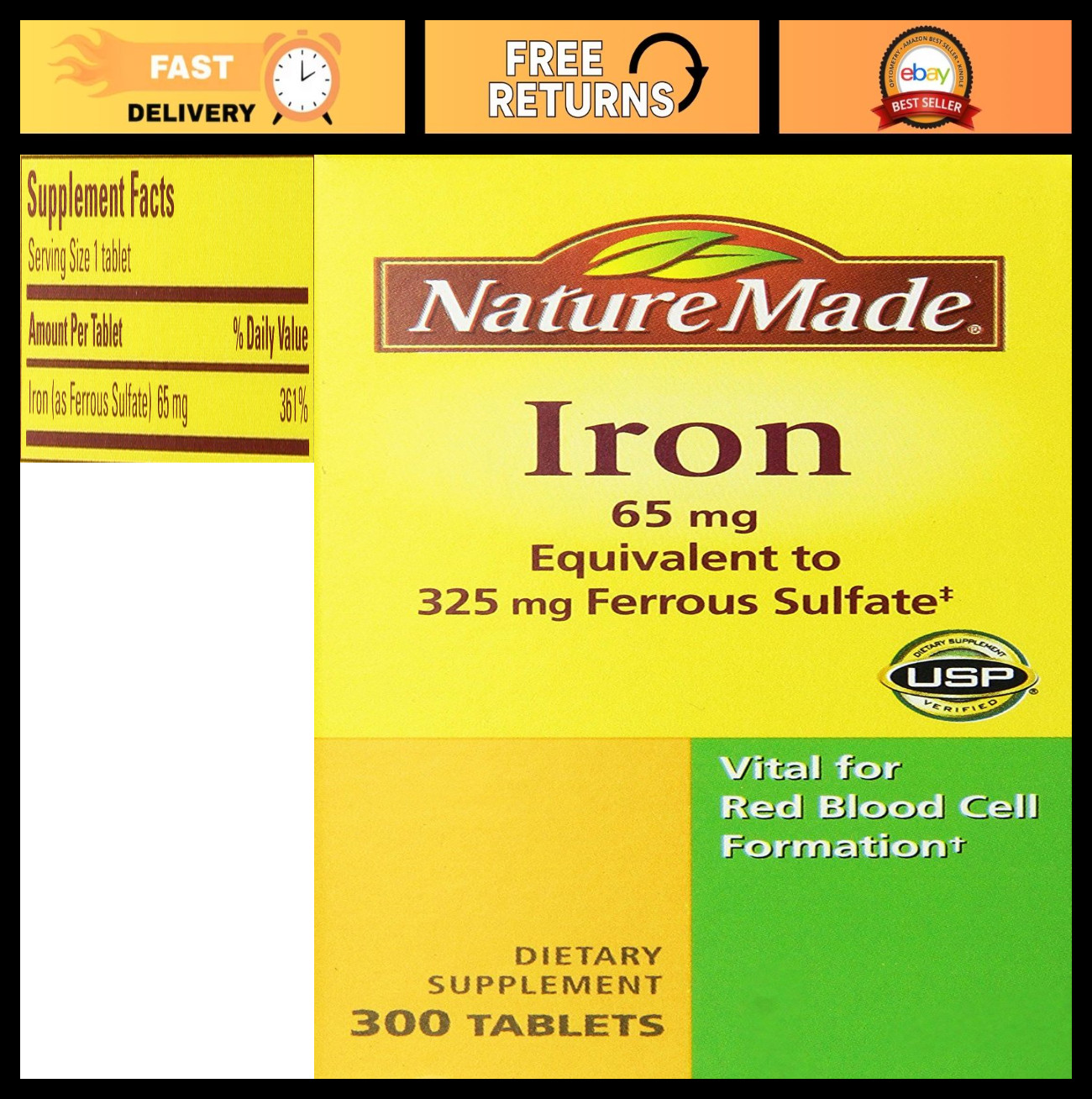 Iron 65mg Supplement – Equivalent to 325mg Ferrous Sulfate – 300 Tablets, Suppor