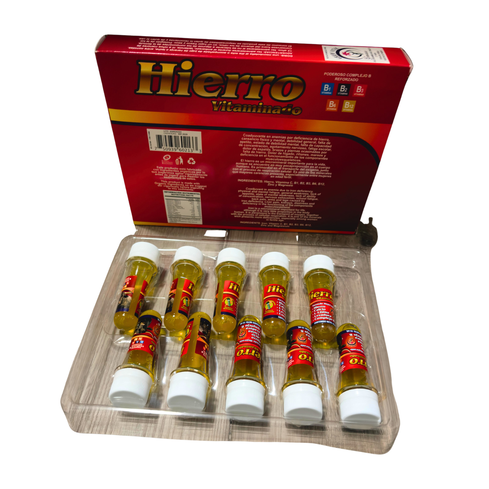 Hierro Vitaminado, Iron Liquid Dietary Supplement 10 x 15ml Ampolletas