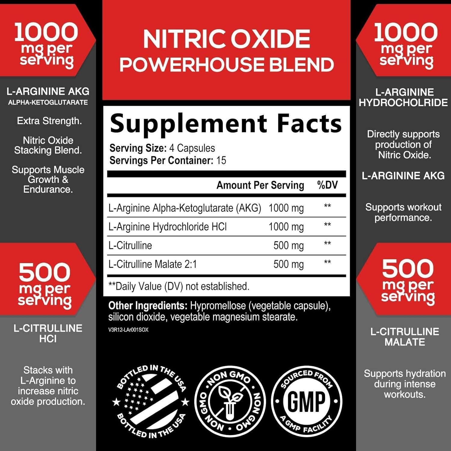 60 Capsules 3000mg Nitric Oxide Booster | L-Arginine AKG Citrulline Pre Workout