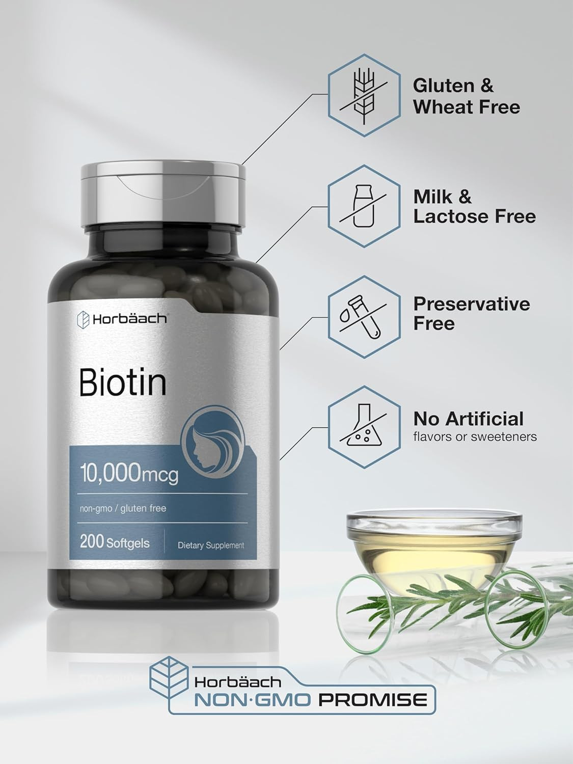 Horbaach Biotin 10000 Mcg, 200 Softgels, Vitamin B7 Supplement, Non-Gmo