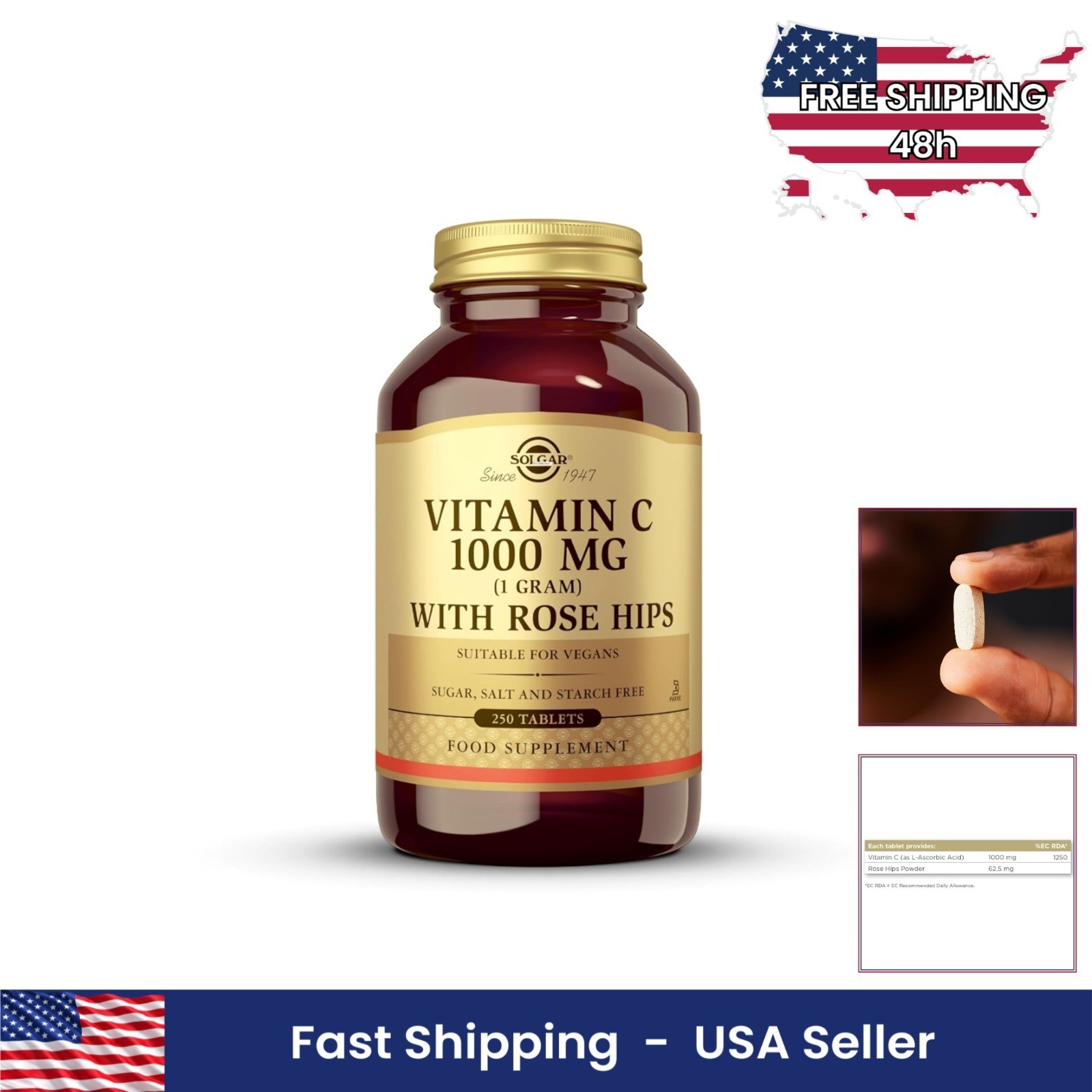 Vitamin C 1000mg 250 Tablets Antioxidant Immune Support Solgar Rose Hips Overall