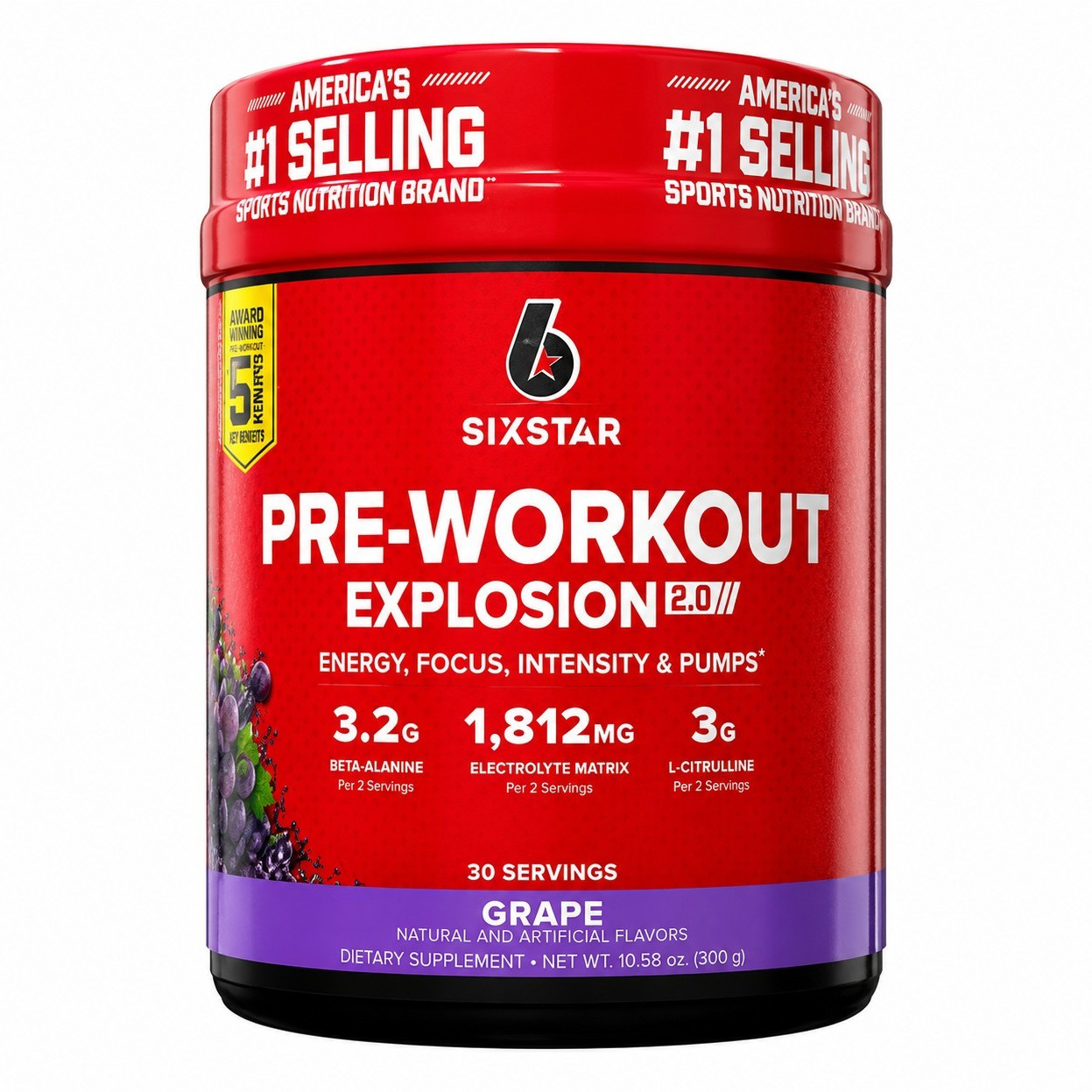 Sixstar Pre-Workout Explosion 2.0 Grape Powder 30 Servings 10.58 oz