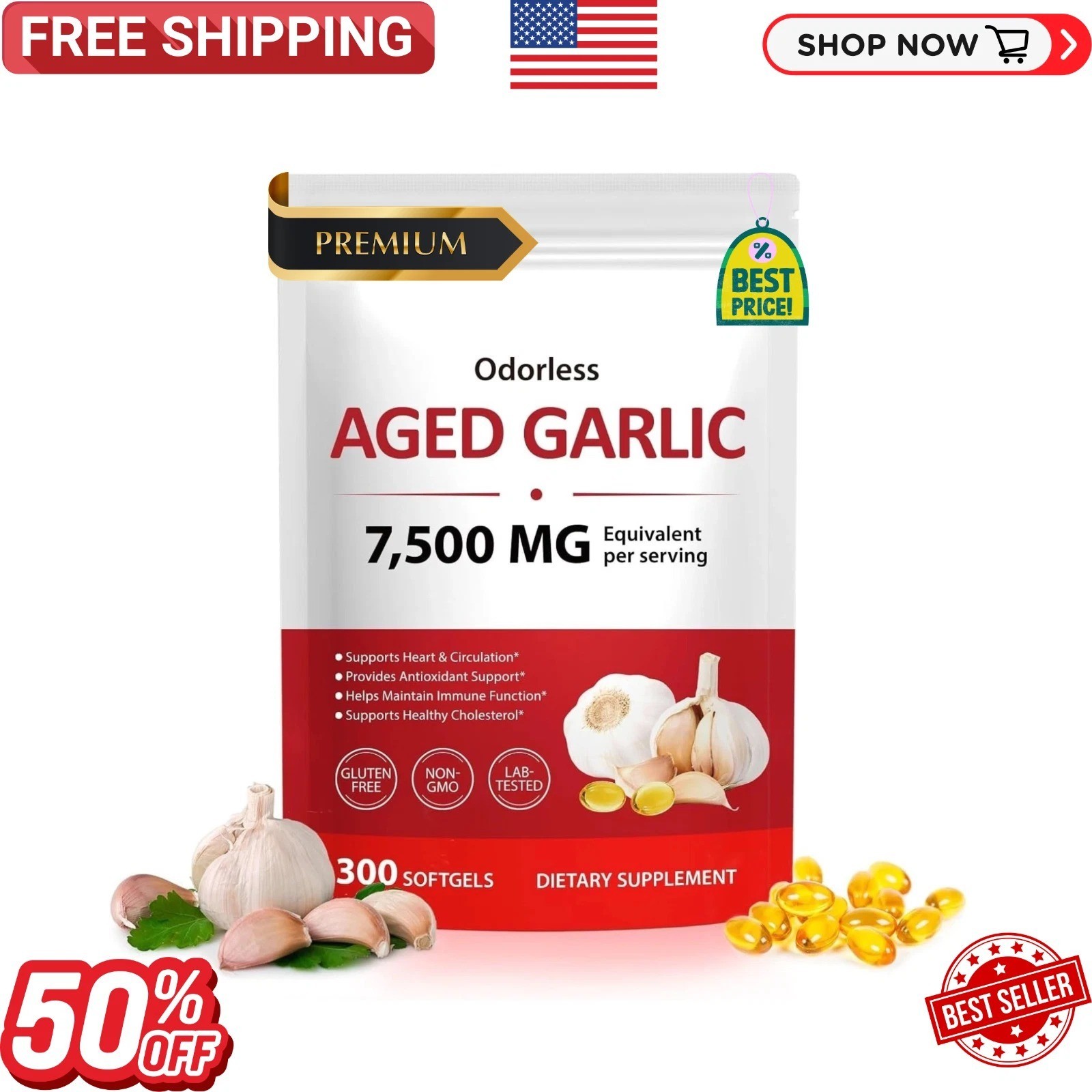Elare Aged Garlic Extract, 300 Softgels, 7500mg Odorless | Heart & Immune pack 1