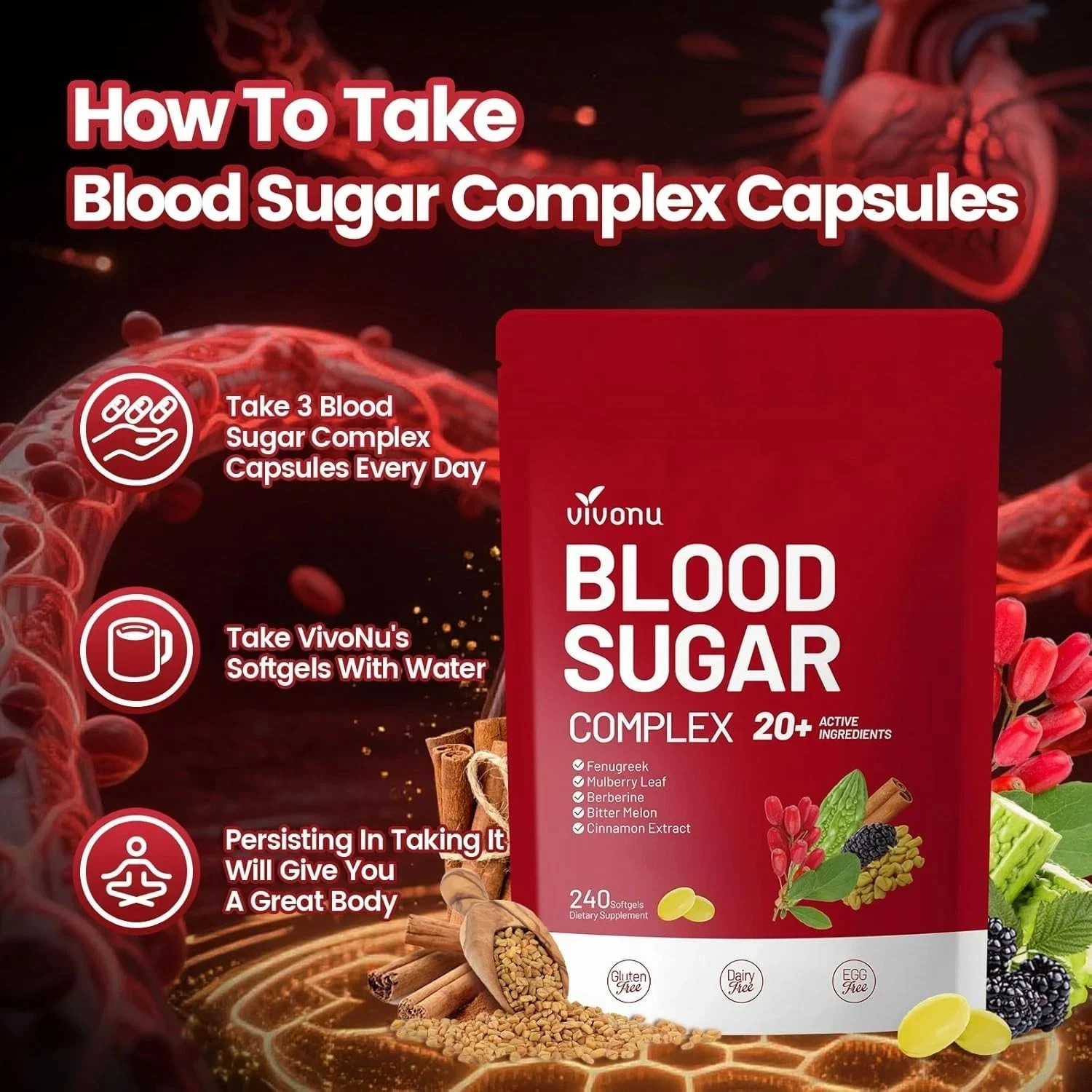 VivoNu Blood Sugar Complex – 20 Herbs & Vitamins, for Glucose Metabolism Support