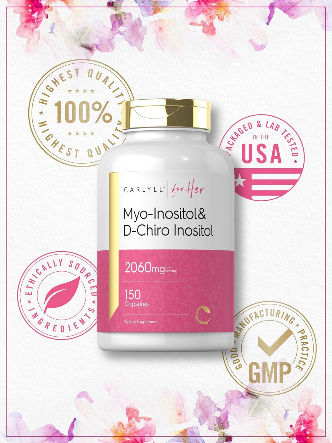 Myo-Inositol and D-Chiro Inositol 2060Mg 150 Capsules Non-Gmo, Gluten Free Suppl