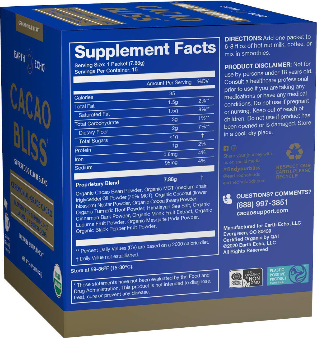 Earth Echo Raw Cacao Bliss Superfood Powder Organic Non GMO Healthy 15Pack Choco