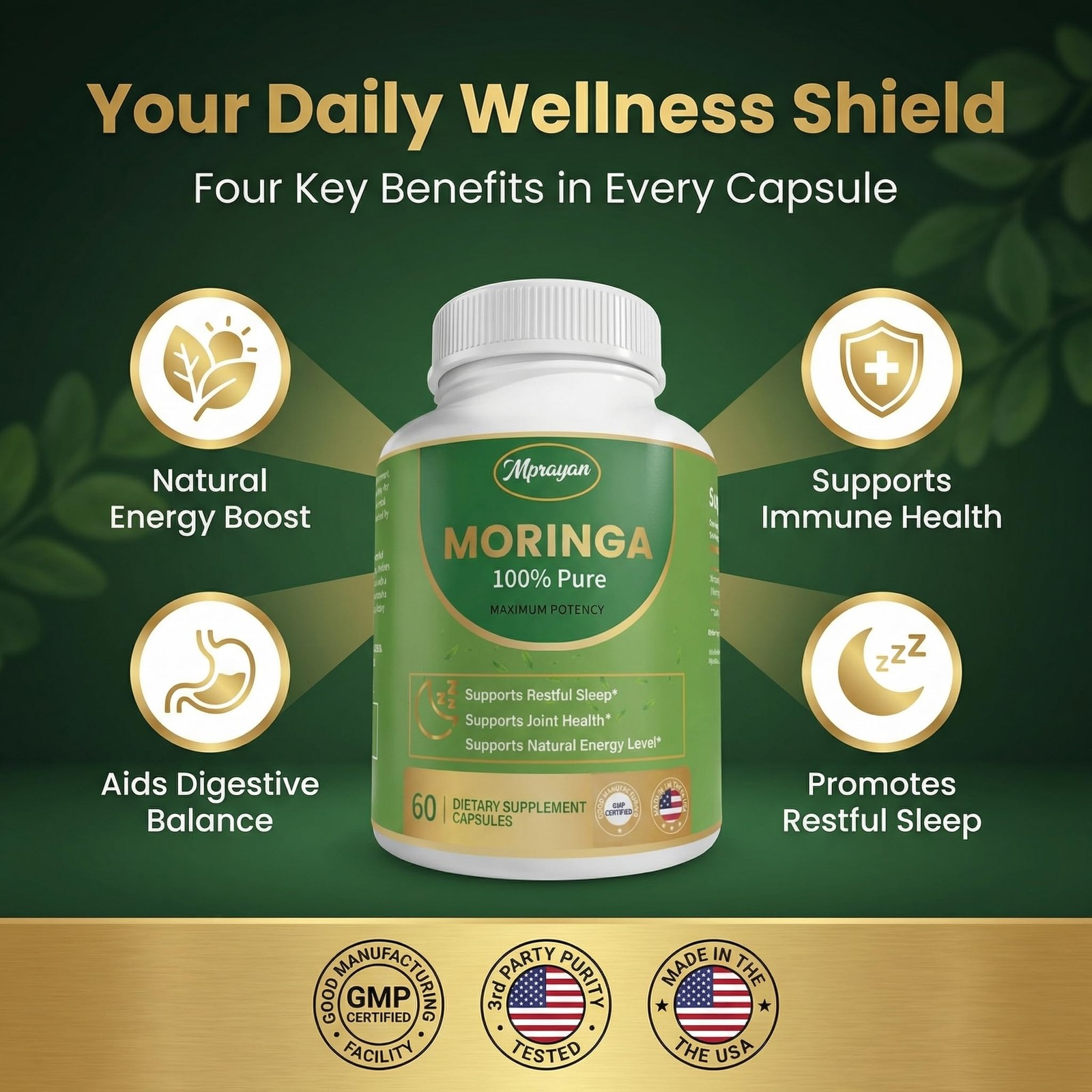 Mprayan Moringa Capsules 800Mg Moringa Oleifera Leaf Powder Superfood Herbal