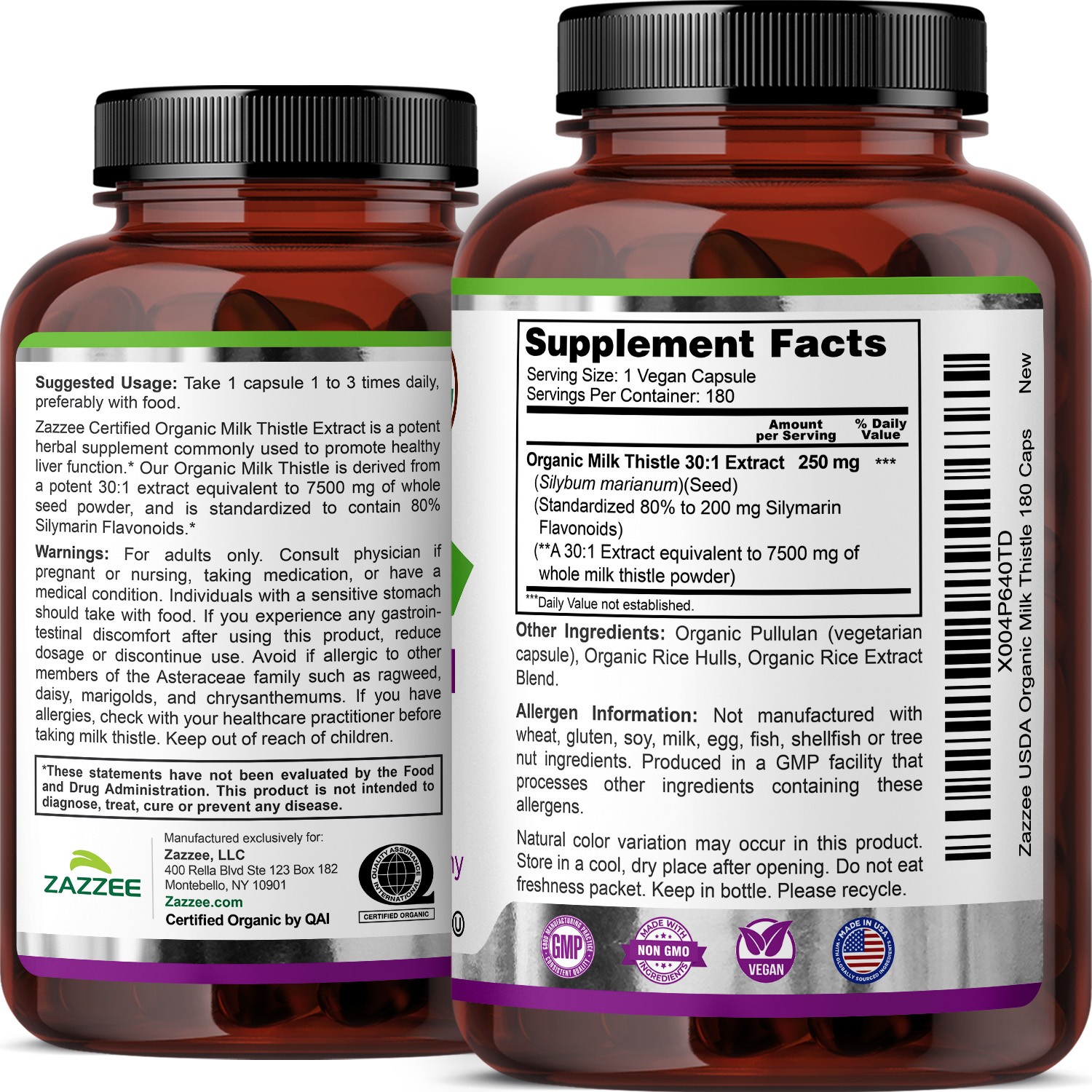 USDA Organic Milk Thistle 30:1 Extract, 7500 mg Strength, 180 Vegan Capsules