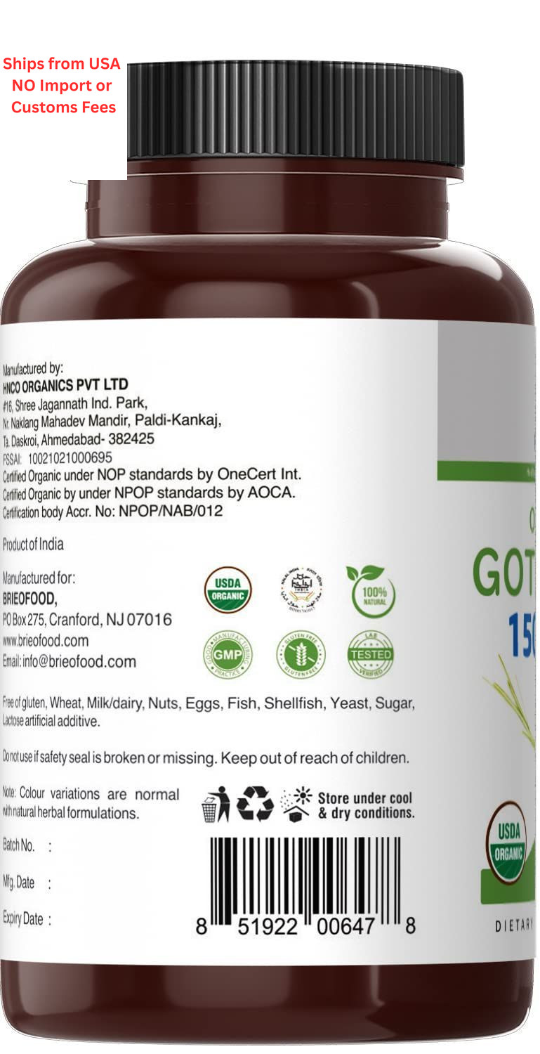 Brieofood Organic Gotu Kola 1500mg, 45 Servings, 90 Count (Pack of 1)