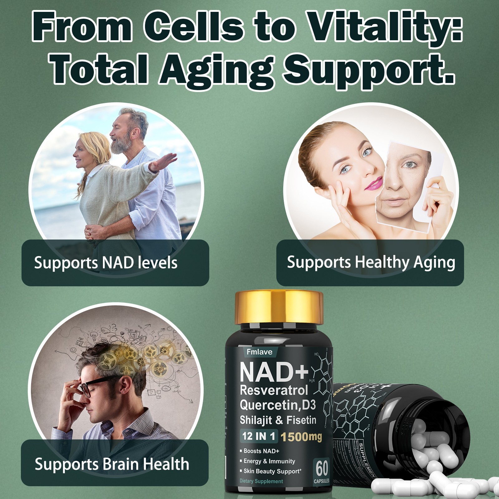 NAD + Resveratrol Quercetin D3, Shilajit & Fisetin, Enhance Cellular Energy 60ct