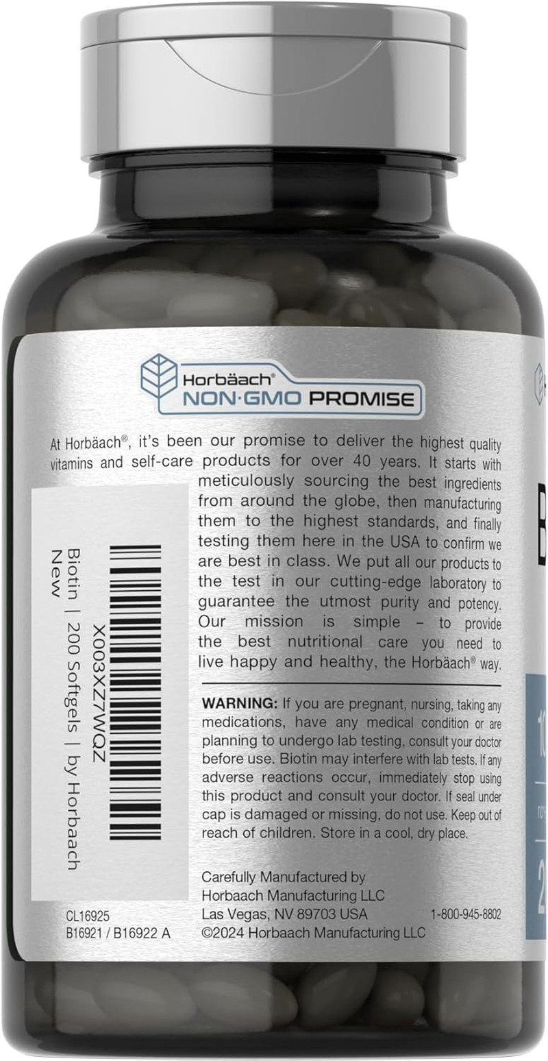 Horbäach Biotin 10000 Mcg | 200 Softgels with Vitamin B7 | Beauty Formula Supple