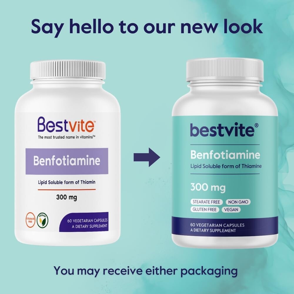 Bestvite Benfotiamine 300mg (60 Vegetarian Capsules)-No Stearates-Non GMO