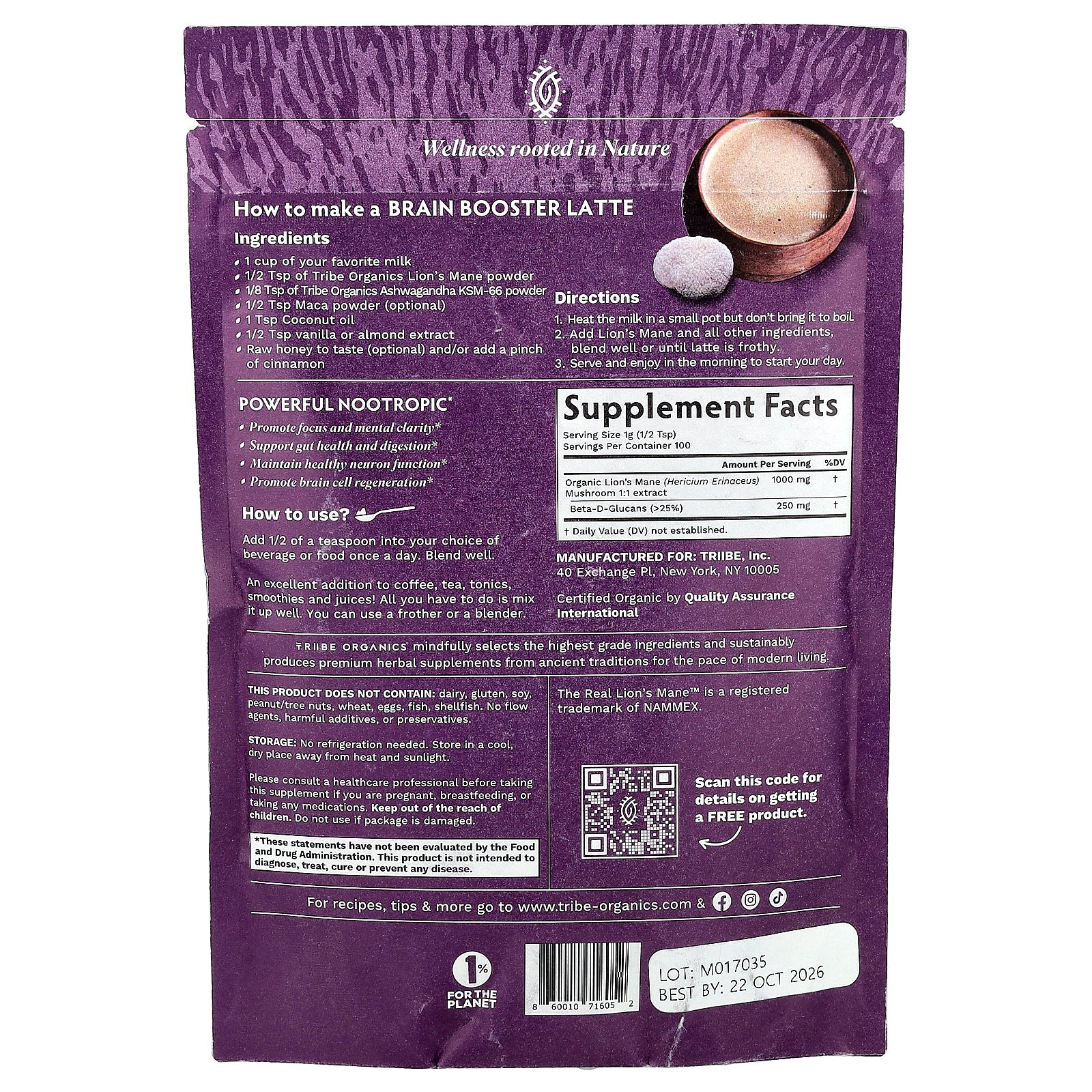 2 X Tribe Organics, Lion’s Mane Extract, 3.5 oz (100 g)