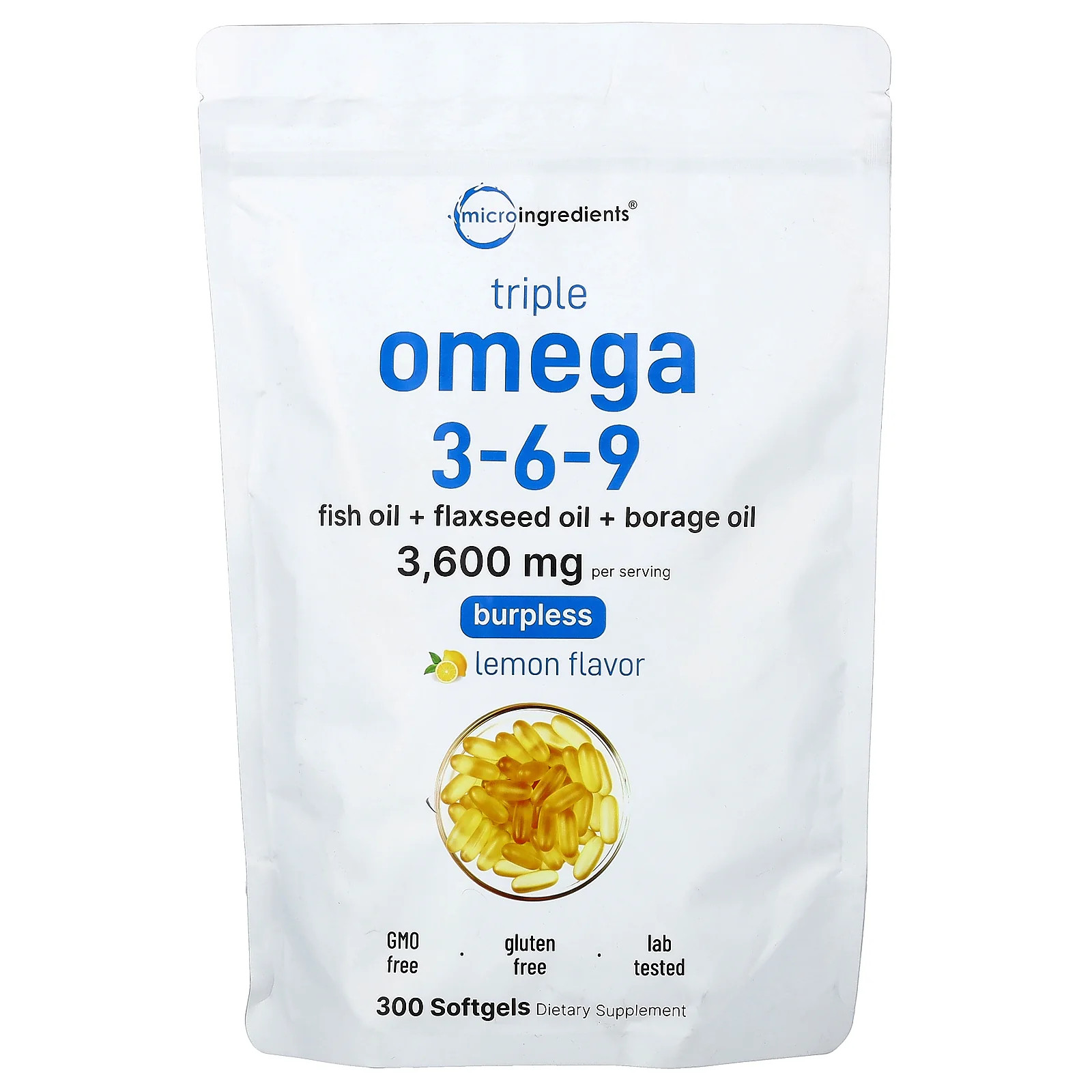 2 X Micro Ingredients, Triple Omega 3-6-9, Lemon, 300 Softgels