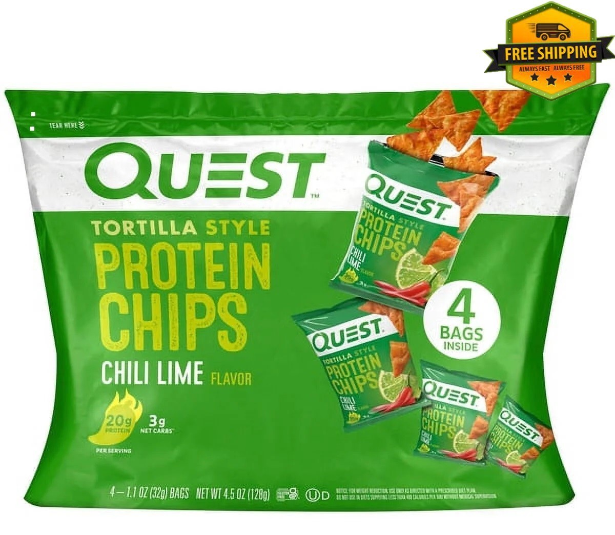 Quest Chili Lime Tortilla-Style Protein Chips, 1.1 oz – Pack of 4 Bags