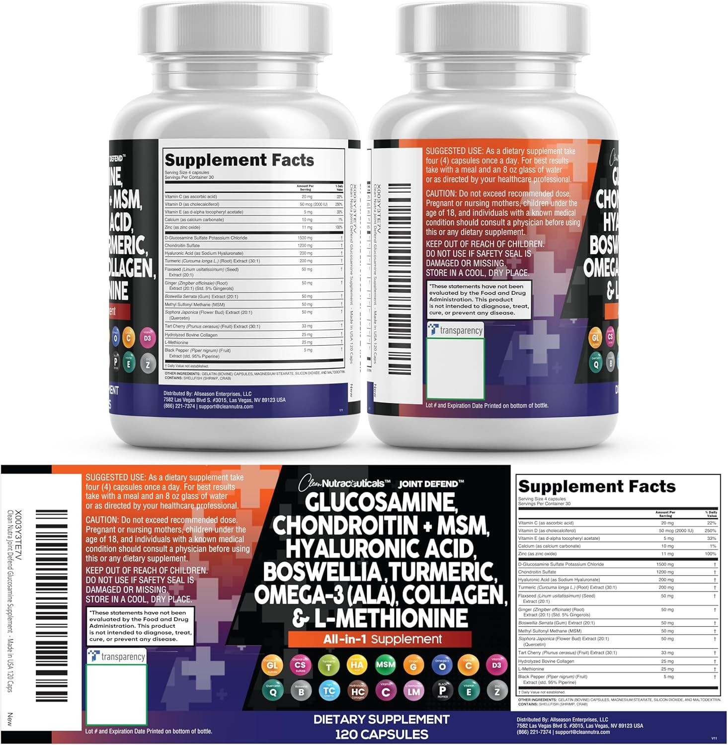 Clean Nutraceuticals Glucosamine Chondroitin MSM 1500mg with Turmeric 2 Pack!
