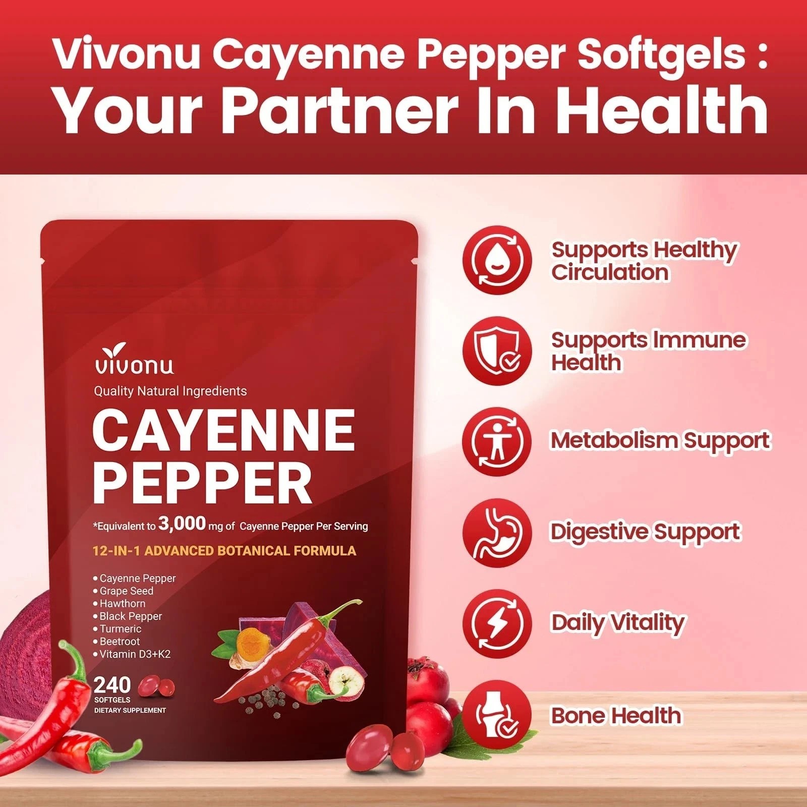 Cayenne Pepper Softgels Supplement, Supports Leg Vein, Heart and Blood Vessel US