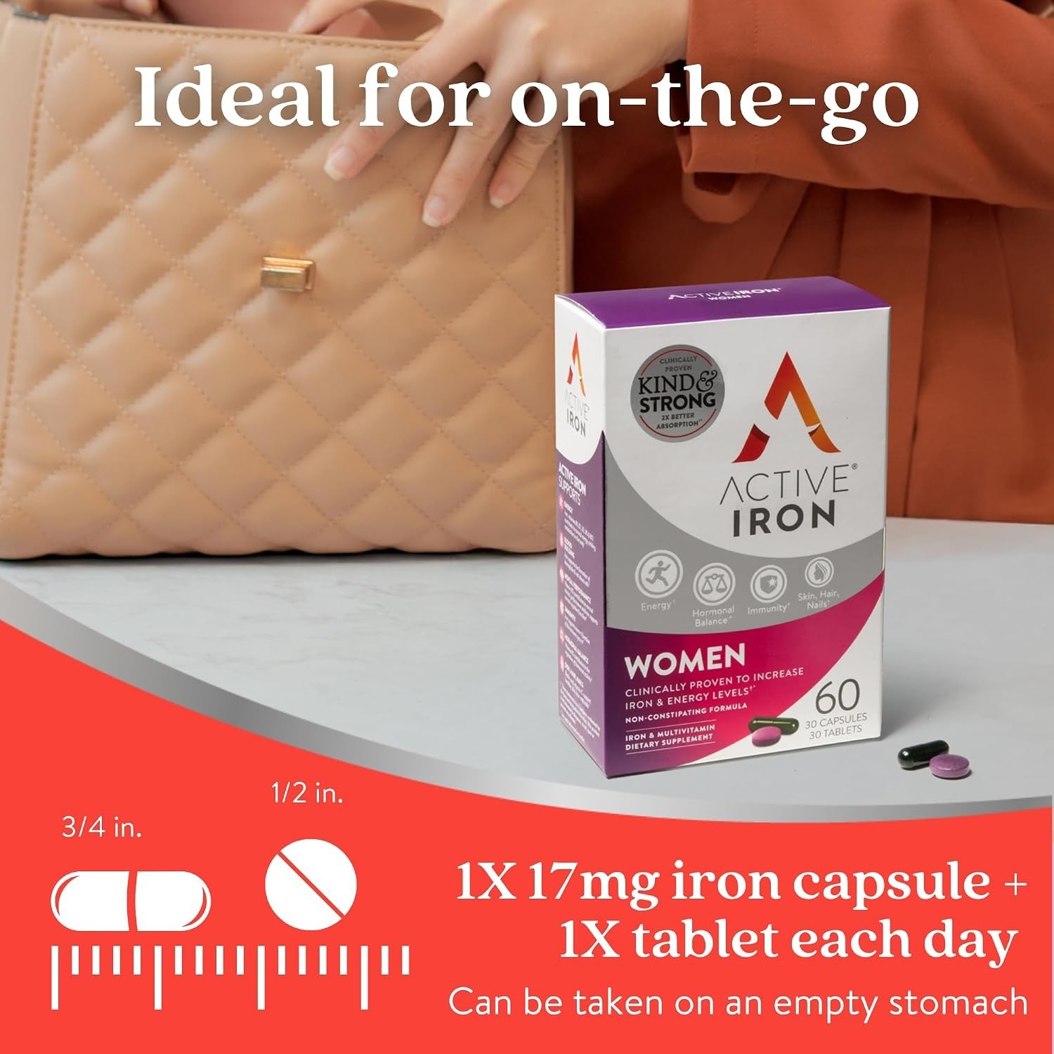 Active Iron 25mg + Women’s Multivitamin Energy Support 60 Count Travel Packs