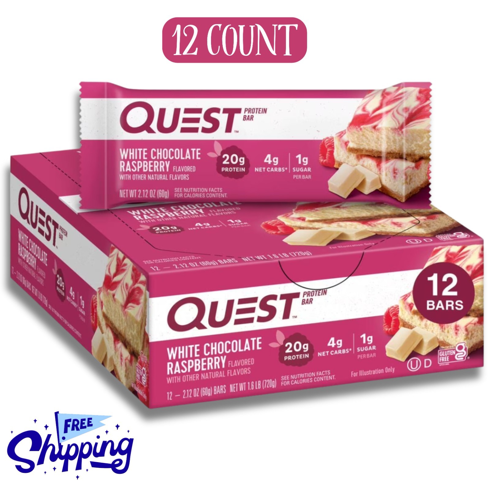 Quest Protein Bar, White Chocolate Raspberry, 20g Protein, 12 Ct 4g Net Carbs