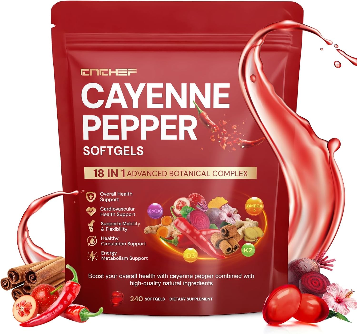 Cayenne Pepper Softgels with Vitamin D3+K2 & Beetroot – Circulation, Metabolism