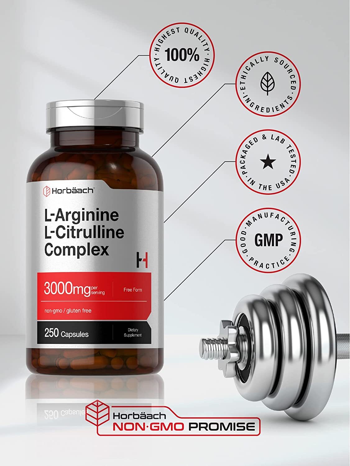L-Arginine L-Citrulline Complex | 3000mg | 250 Capsules | Non-GMO | by Horbaach