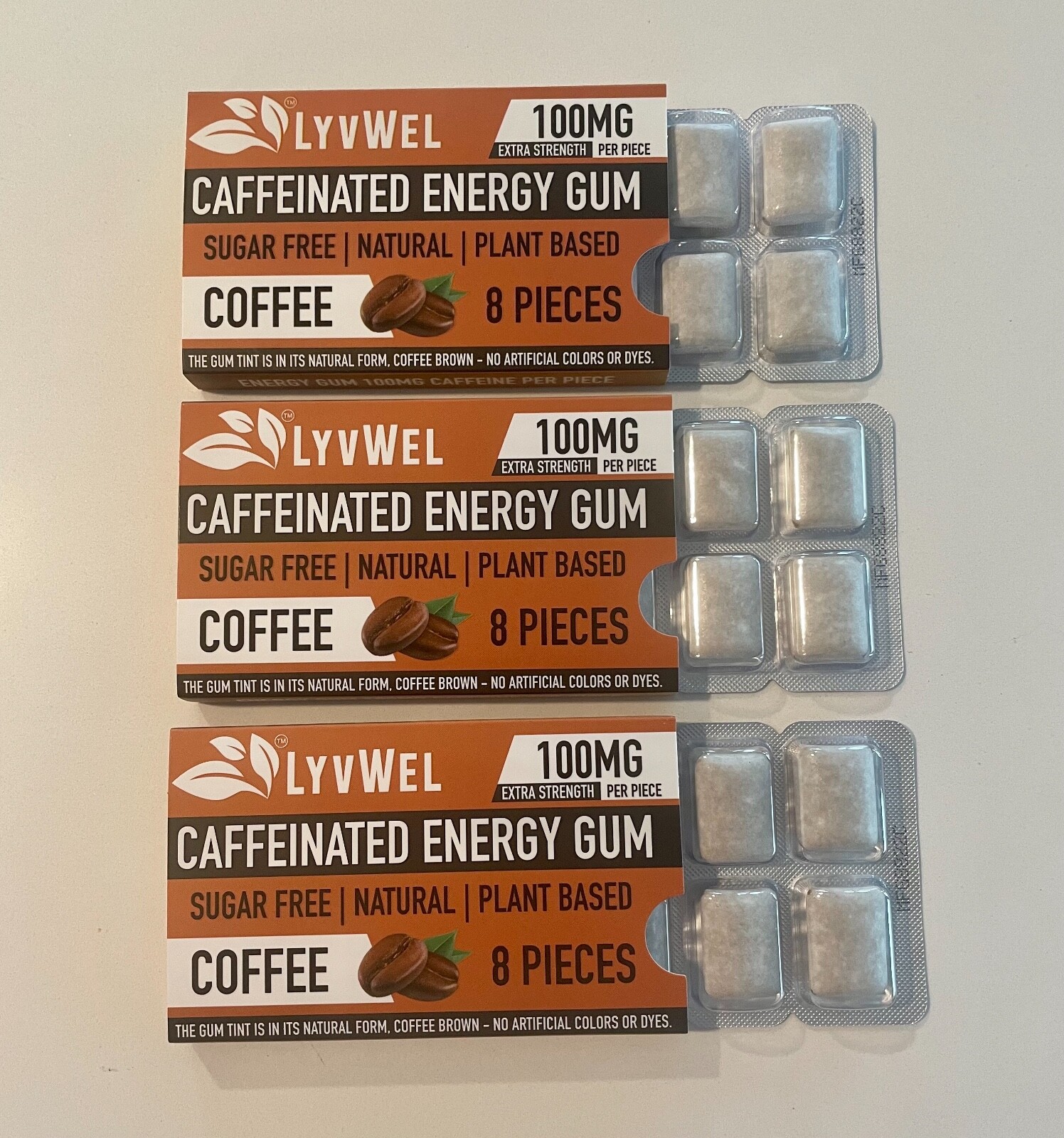 LyvWel Energy Focus Fresh Coffee Flavor Gum 3 Packs 100mg Caffeine Pre Workout