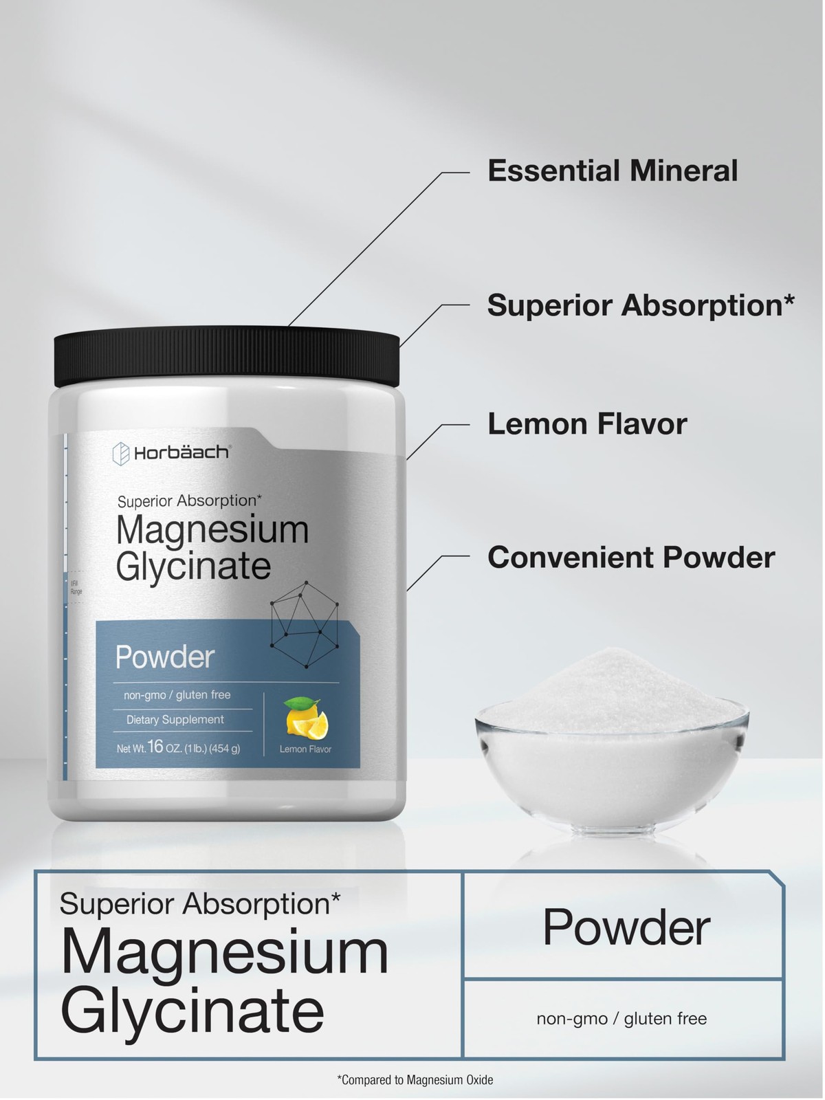 Horbäach Horbach Magnesium Glycinate Powder 1 Lb Lemon Flavored Superior