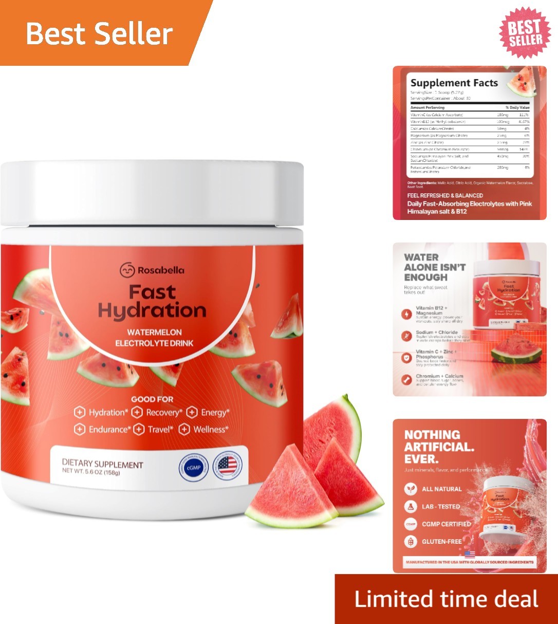 Natural Electrolyte Drink Powder – Easy Mix Watermelon – Non-GMO – 30 Servings