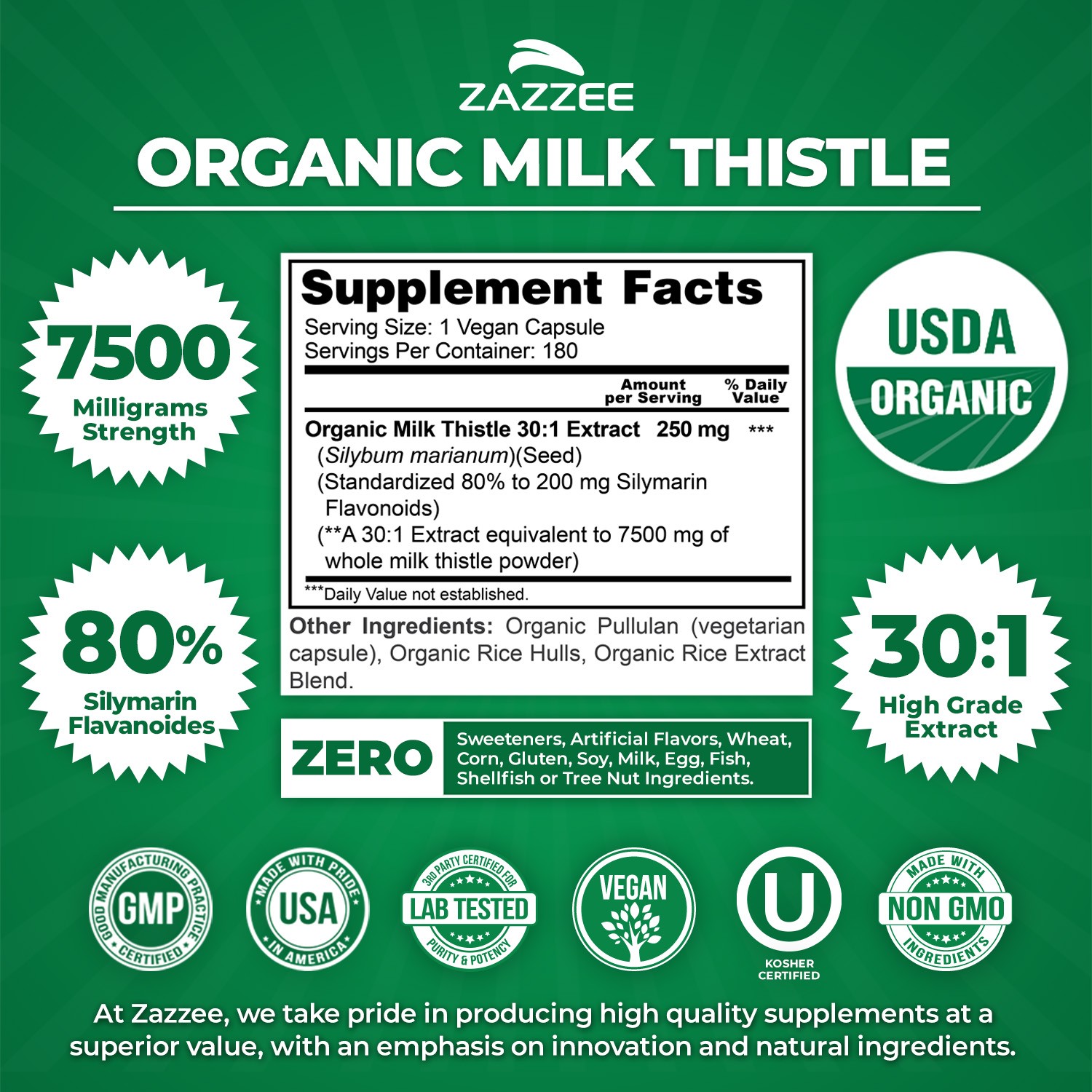 USDA Organic Milk Thistle 30:1 Extract, 7500 mg Strength, 180 Vegan Capsules
