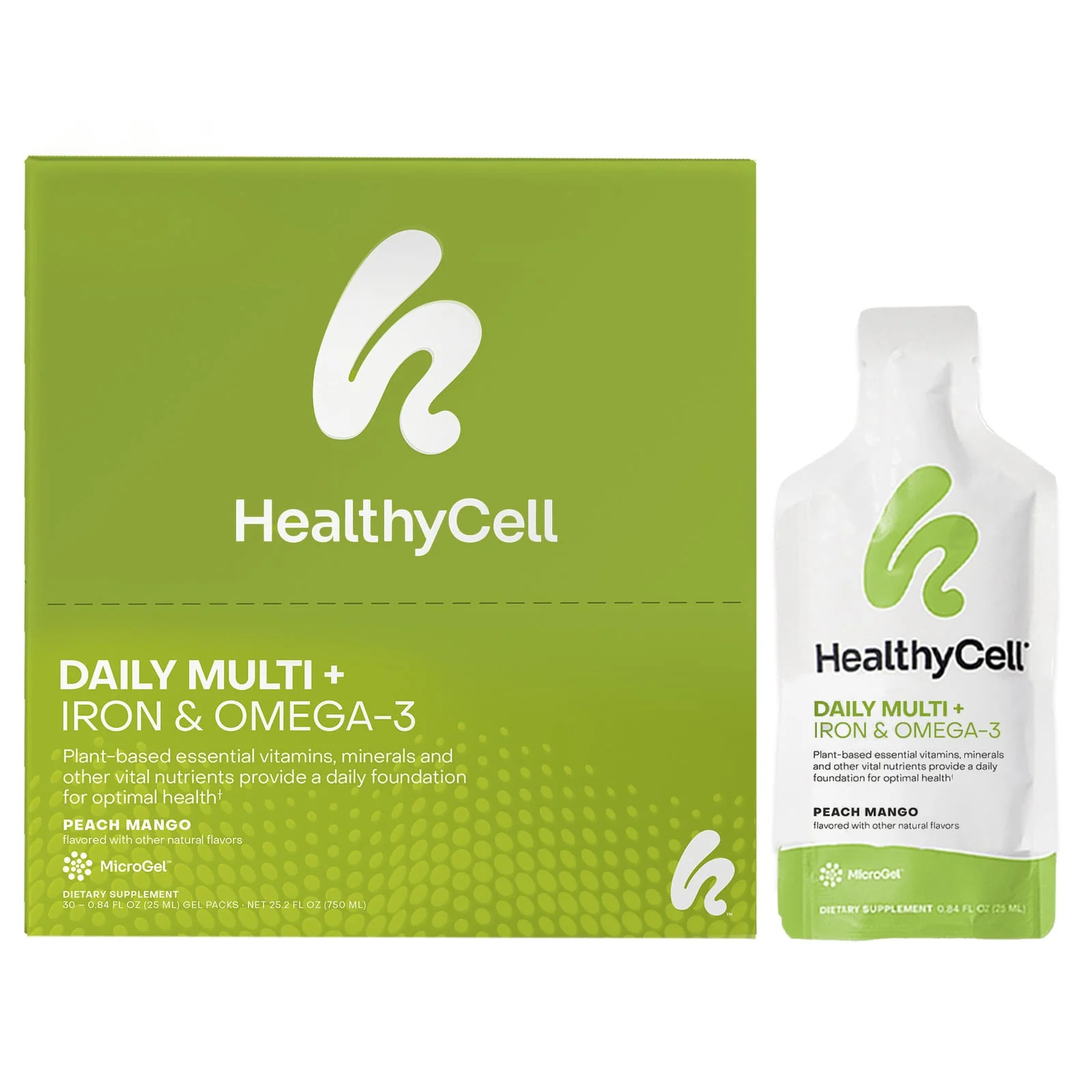 2 X HealthyCell, Daily Multi + Iron & Omega-3, Peach Mango, 30 Gel Packs, 0.84