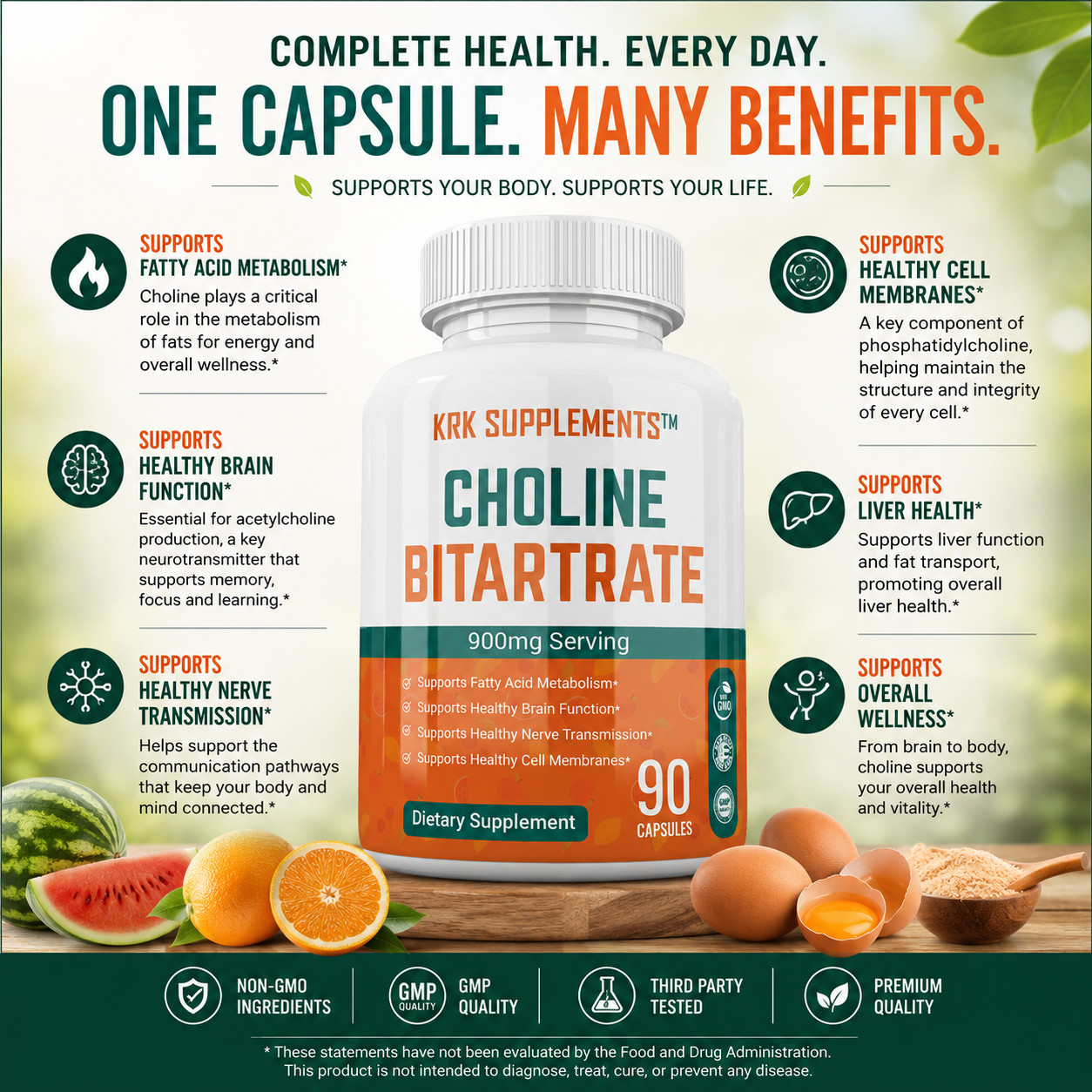 2 Choline Bitartrate 900mg serving Brain Memory Booster Nootropic Fatty Liver