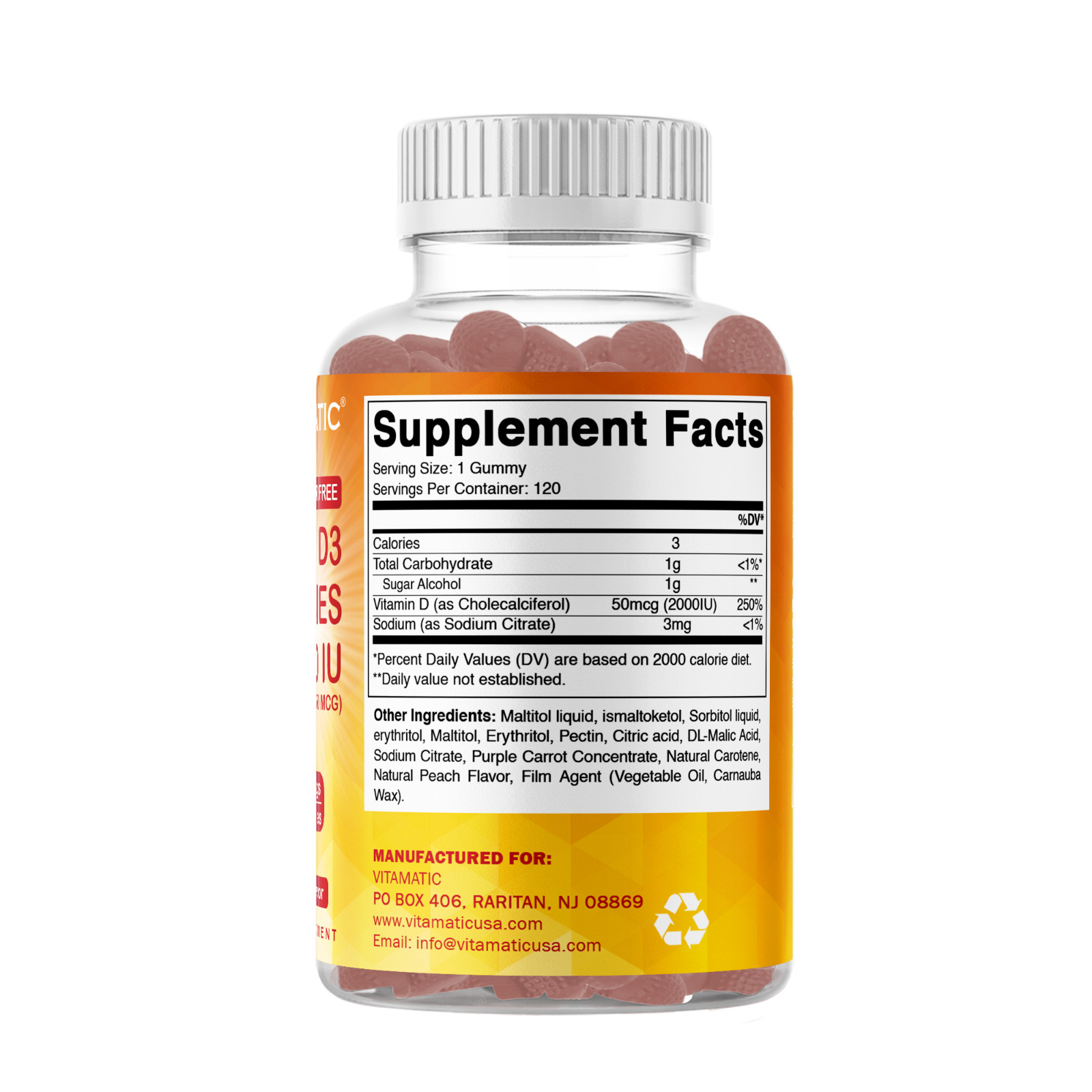 Vitamatic Sugar Free Vitamin D3 (2000 IU) – 120 Pectin Based Gummies.