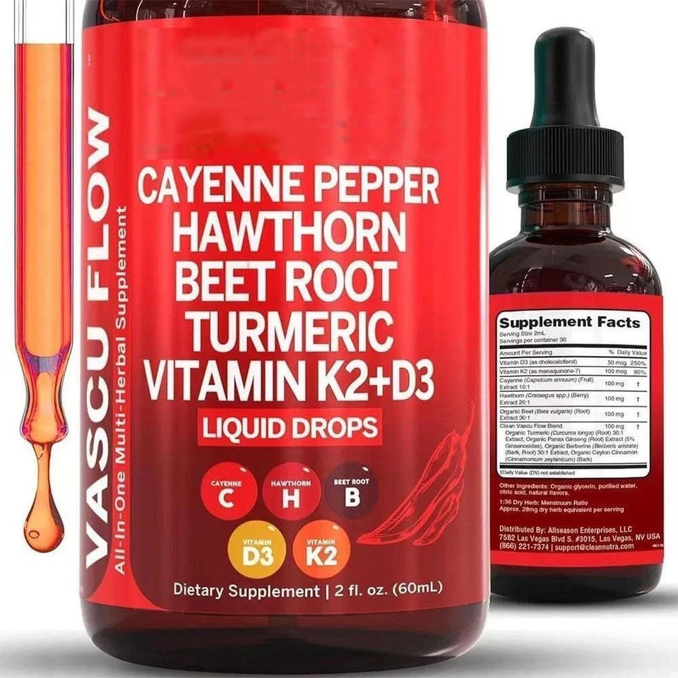 2Pack Cayenne Pepper Hawthorn Beet Root Turmeric Vitamin K2+D3 Liquid Drops 60ML