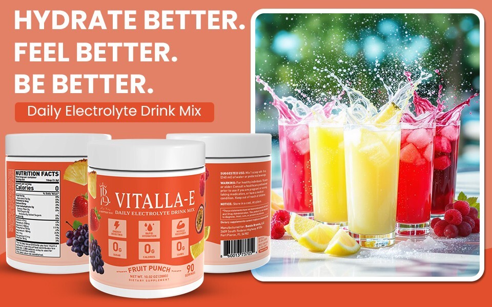 VITALLA-E Electrolyte Powder Drink Mix – 10.16 oz – Fruit Punch, 90 Servings