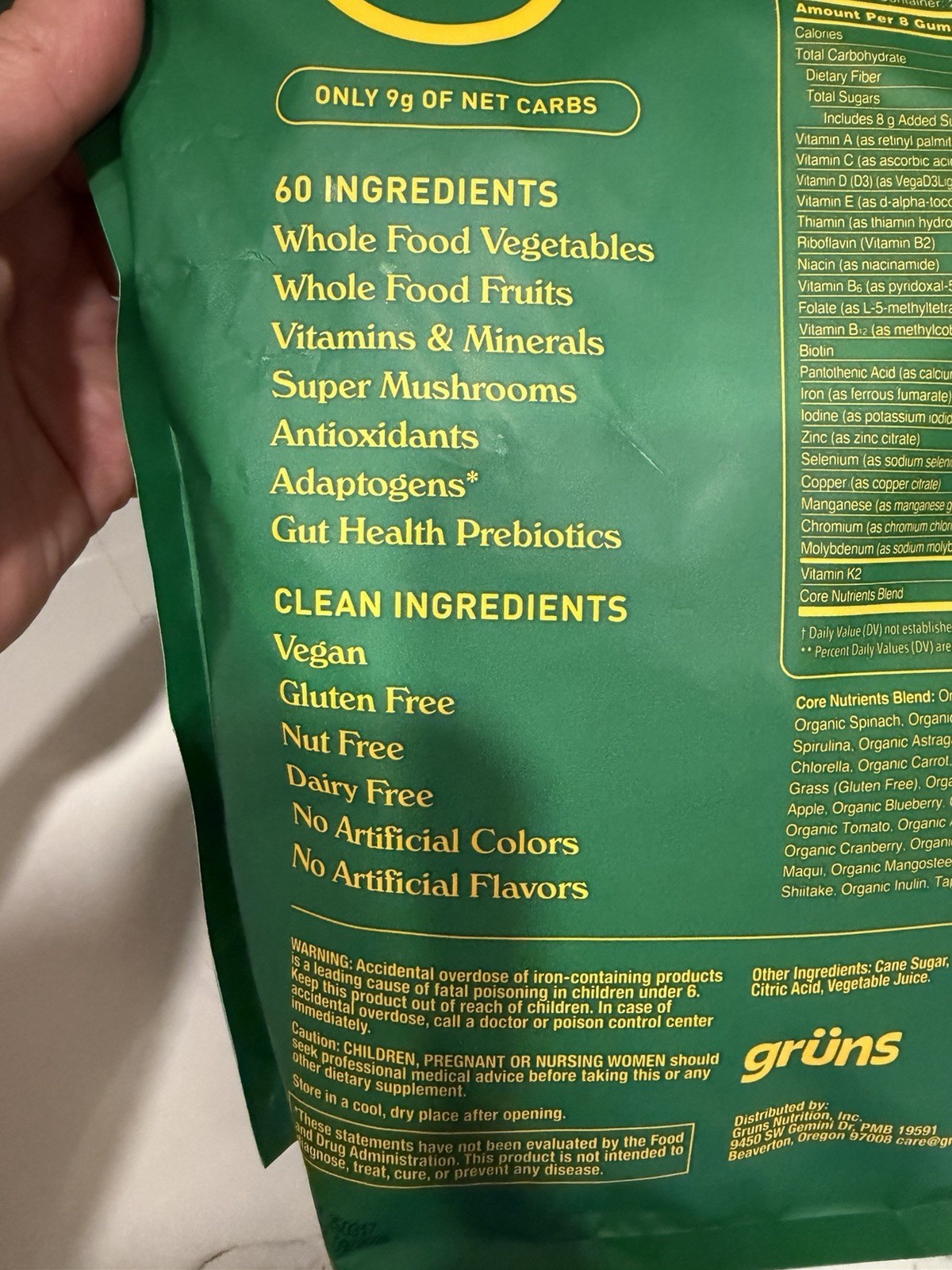 grüns Superfoods Greens Gummies 224 Vegan Gluten Free Nut Free Vitamins A-E Iron