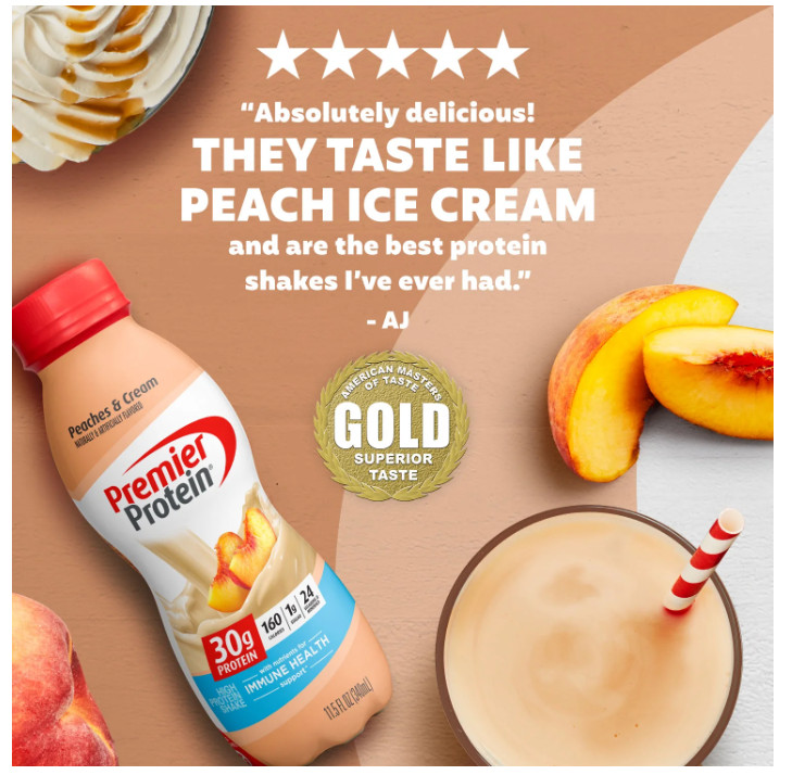 Premier Protein Shake Peaches & Cream 30g Protein 11.5oz 12 Count
