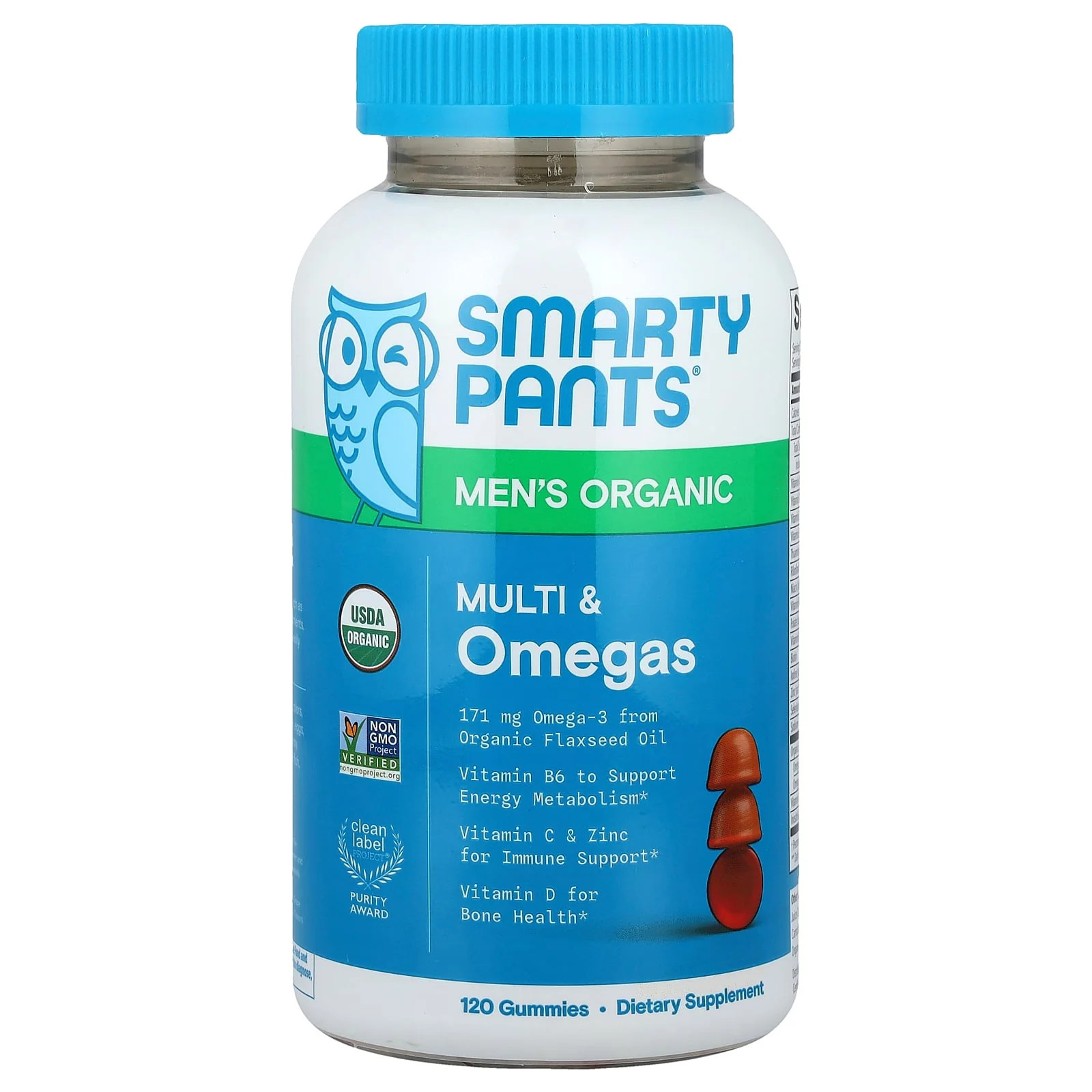 2 X SmartyPants, Men’s Organic, Multi & Omegas Gummies, Raspberry, Lemon Lime,