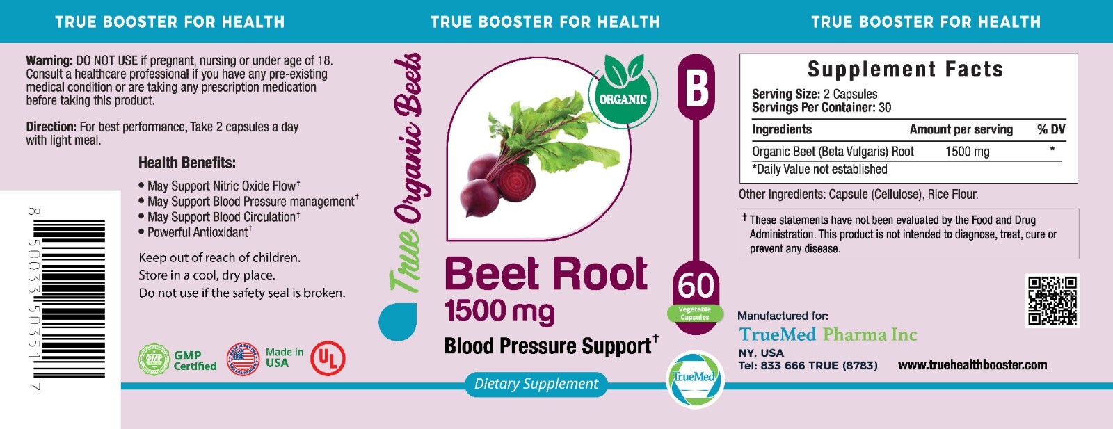 TrueMed Beetroot Supplement, Beet as Beta Vulgaris 1500 Mg 60 Capsules
