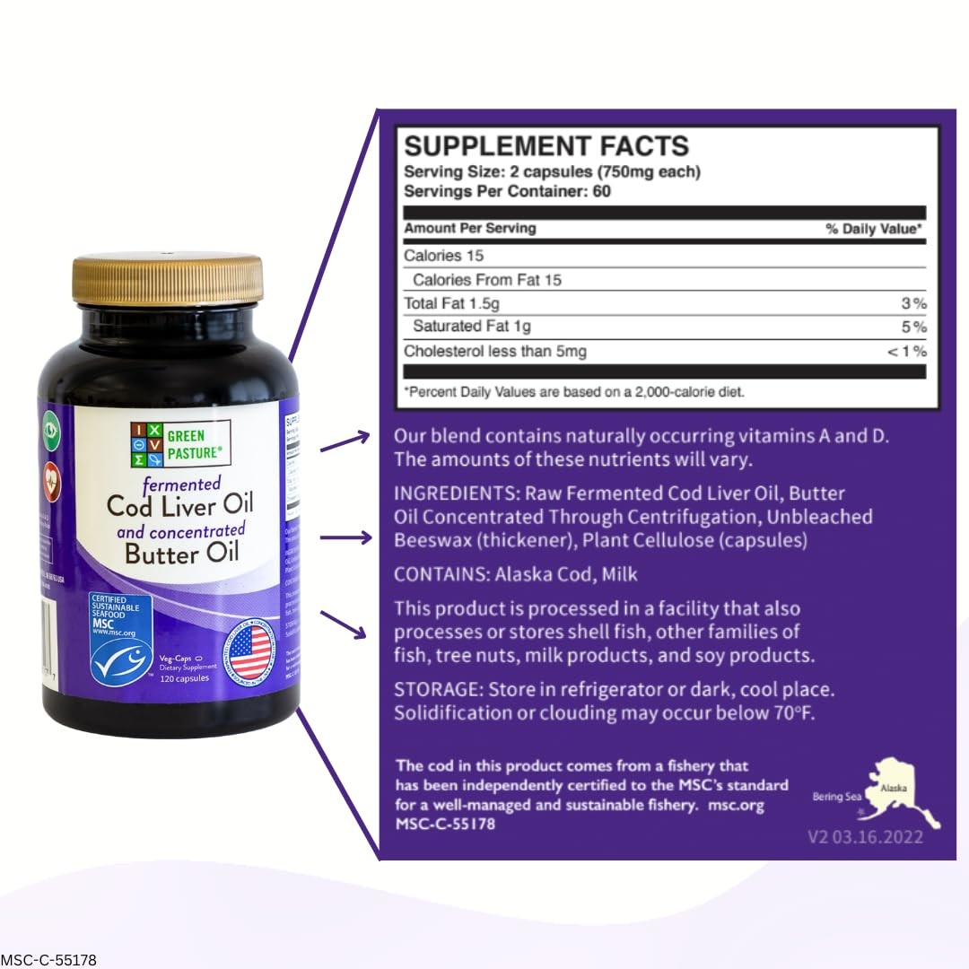 Green Pasture Fermented Cod Liver Oil Butter Oil 120 Capsules