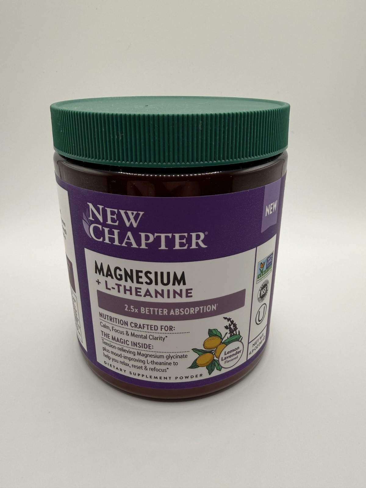 New Chapter Magnesium + L-Theanine Powder Lemon Lavender Calm Focus Vegan 4.9 oz