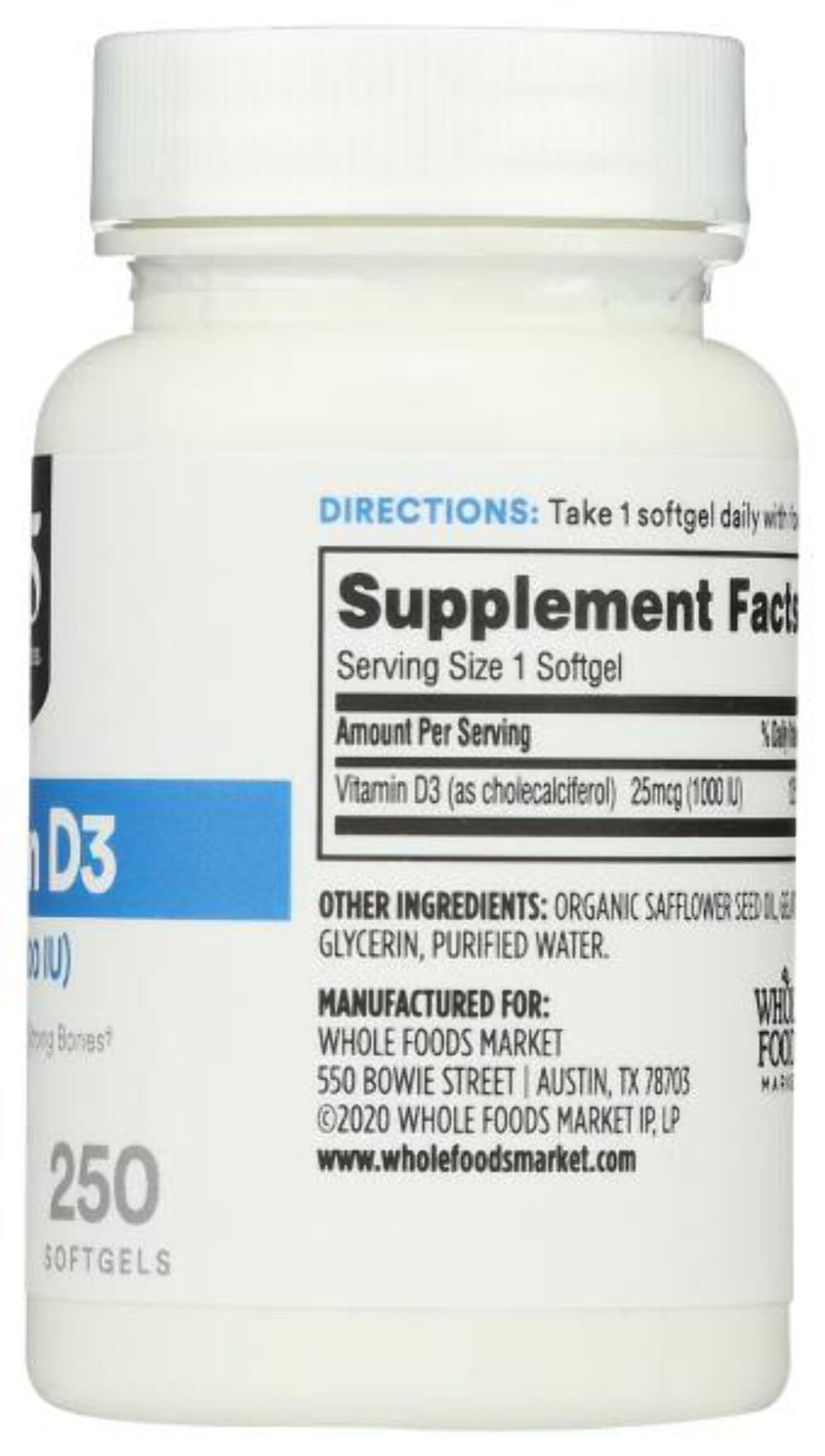 1/28 365 by Whole Foods Market, Vitamin D3 1000 IU, 250 Count