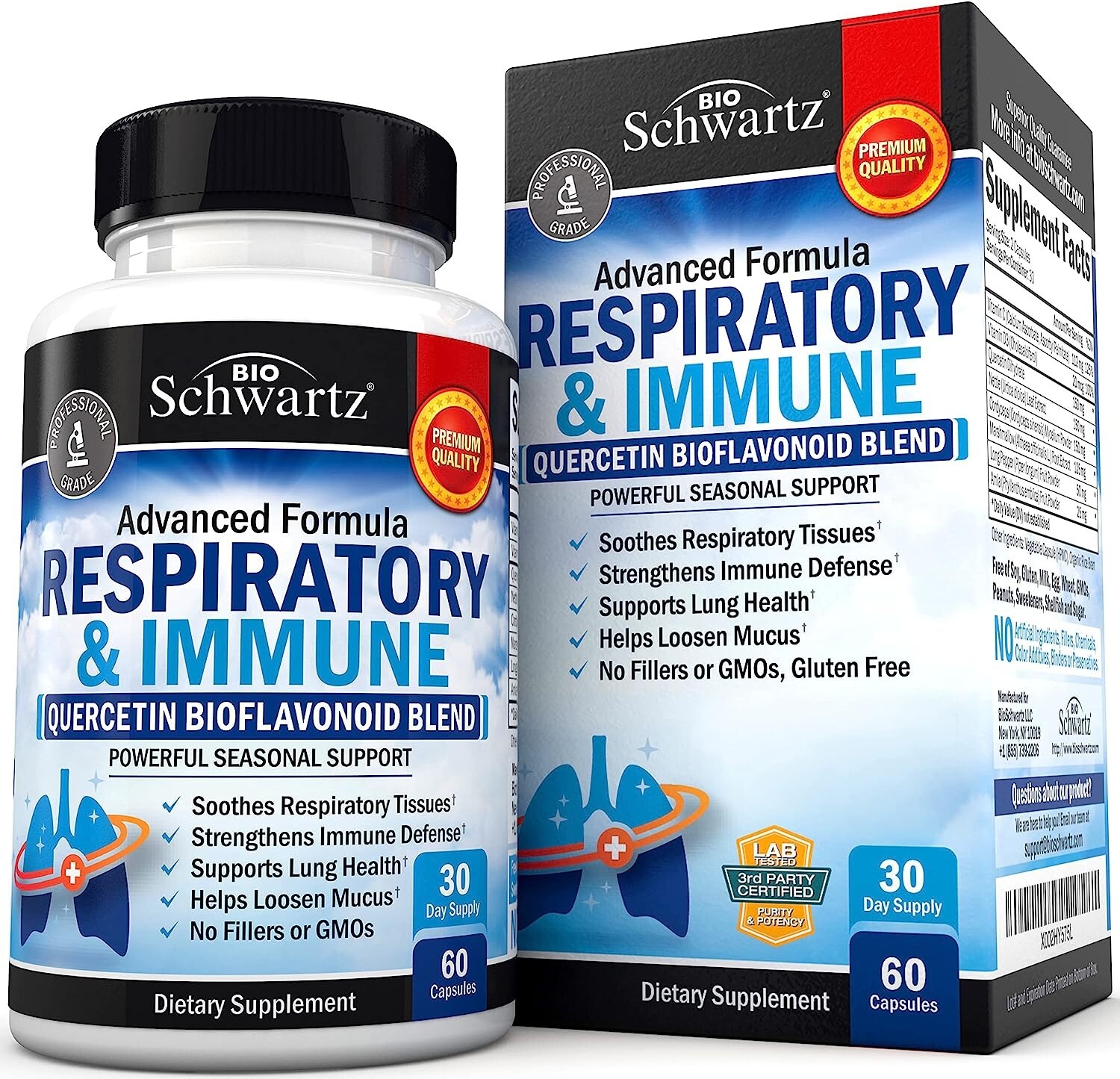 Respiratory & Immune Lung Support Supplement w Quercetin, Vitamin D Cordyce 60ct