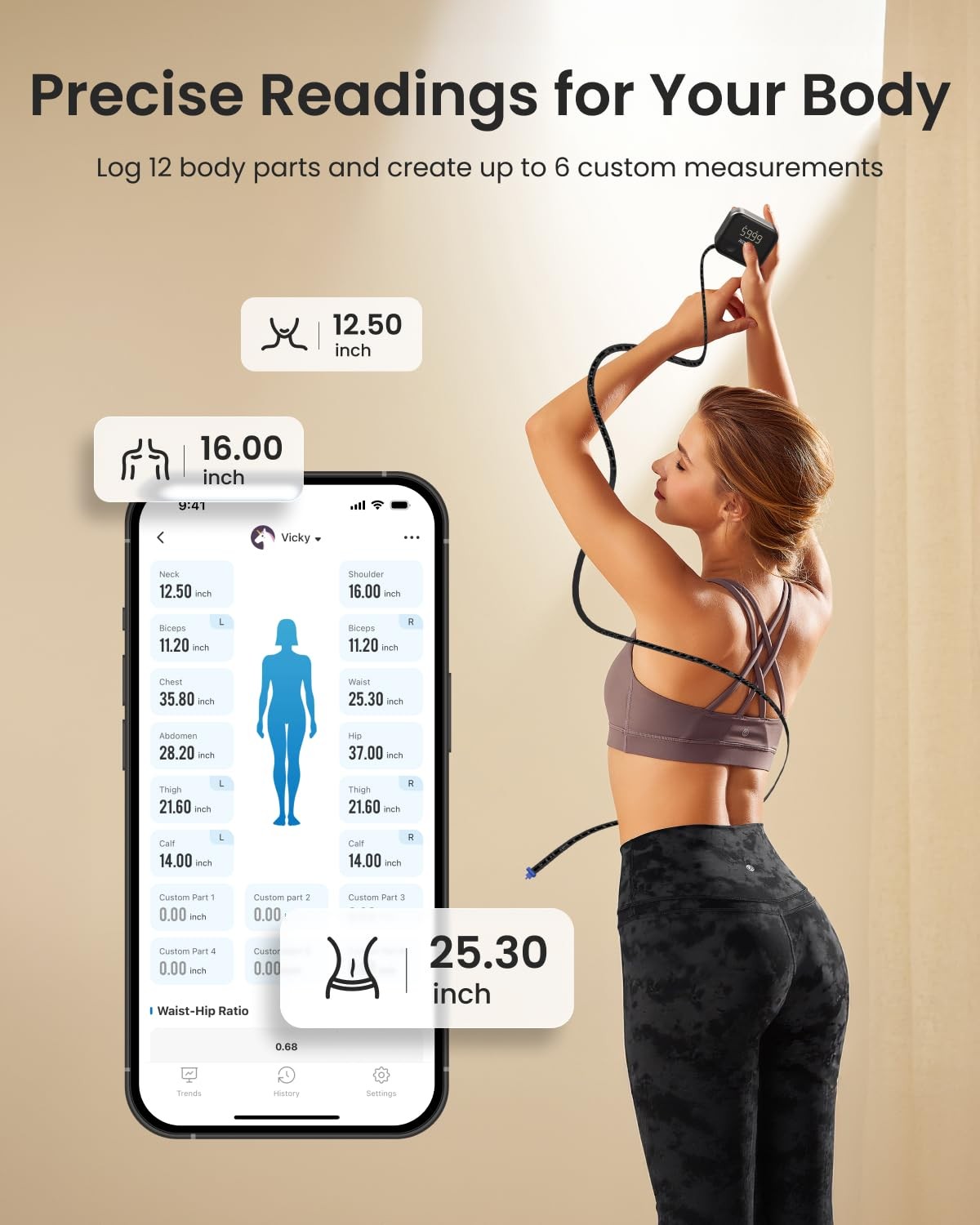 1 PCS Black Smart Body Measuring Tape Rechargeable LED Display App 60in