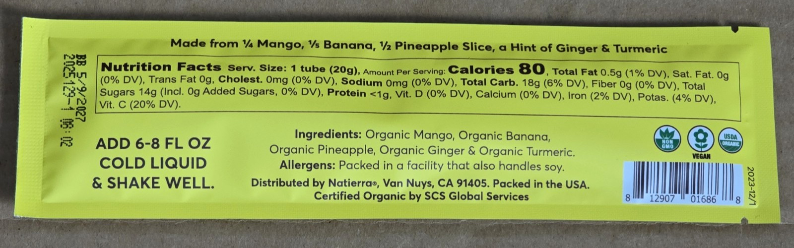 Natierra Tropical Awake Organic Smoothie Powder – 10 Pouches (0.7oz each) 05/27