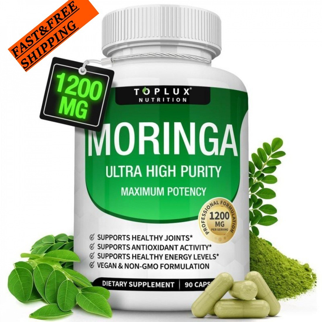3PCS-TOPLUX Moringa Capsules 1200mg Pure Moringa Powder Immune Gut health 90Caps