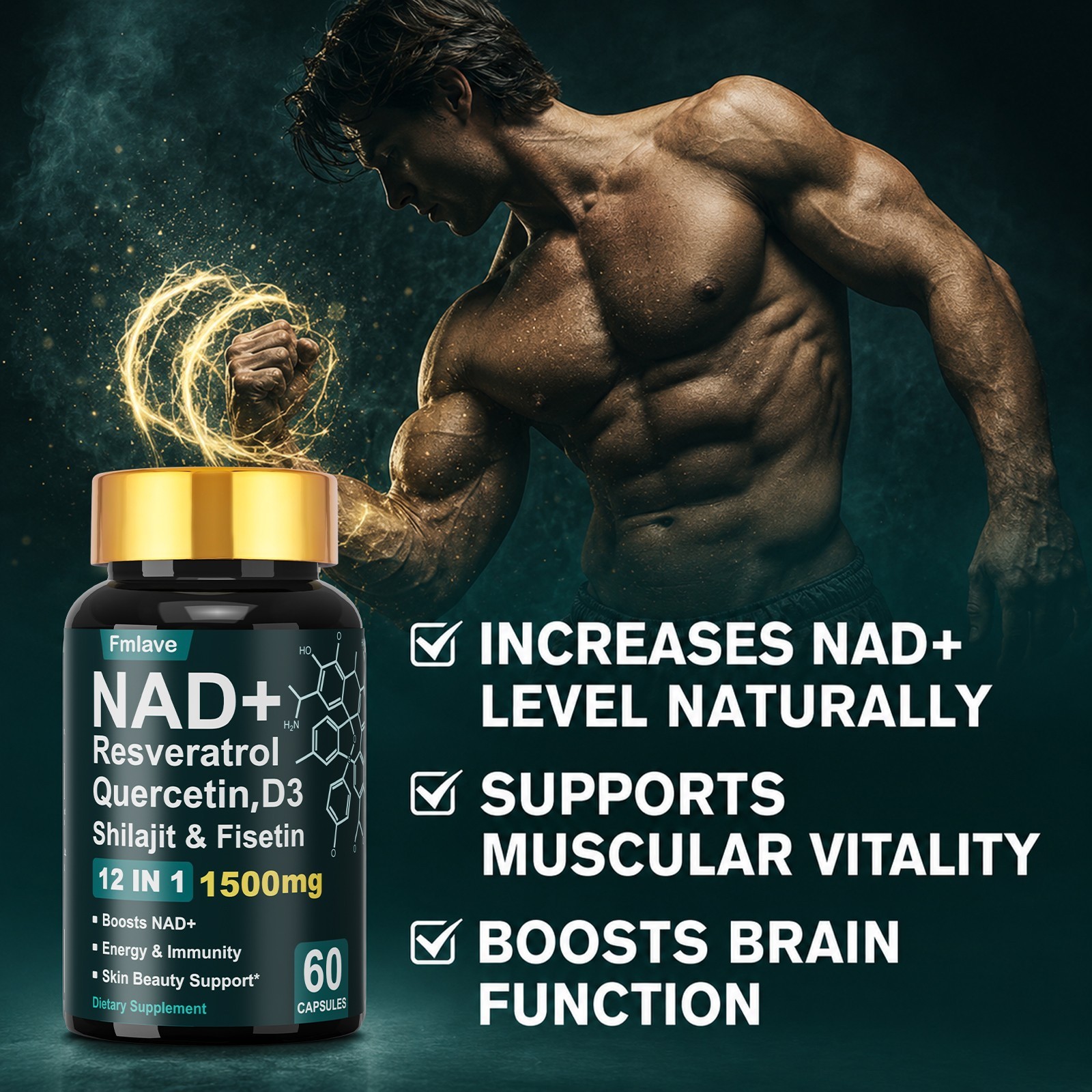 NAD + Resveratrol Quercetin D3, Shilajit & Fisetin, Enhance Cellular Energy 60ct