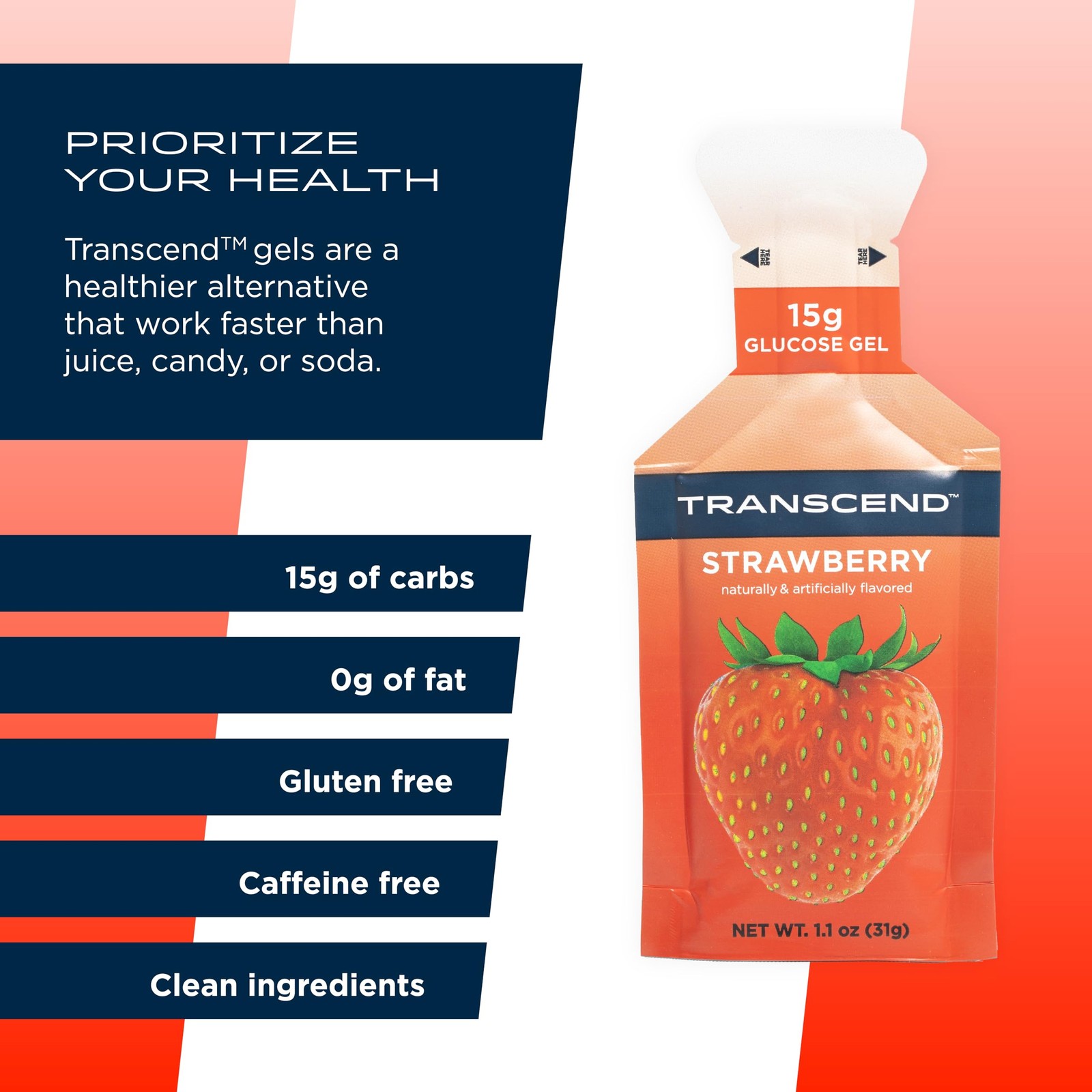 Transcend Foods Strawberry Gel (1.1 oz, 1.1 Fl Oz (Pack of 10),