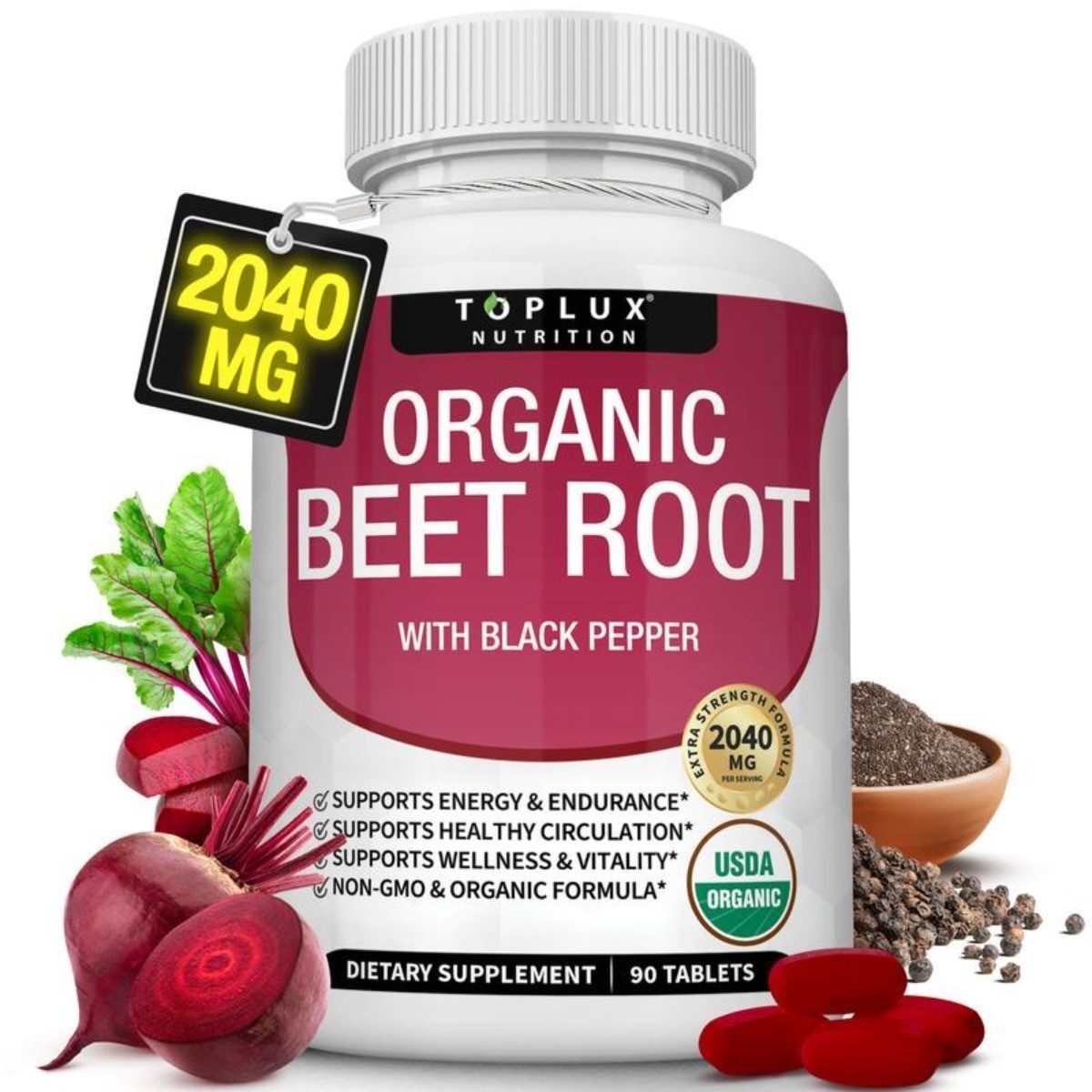 Toplux Organic Beet Root 2040mg – Nitric Oxide Support, Black Pepper, 90 Tablets